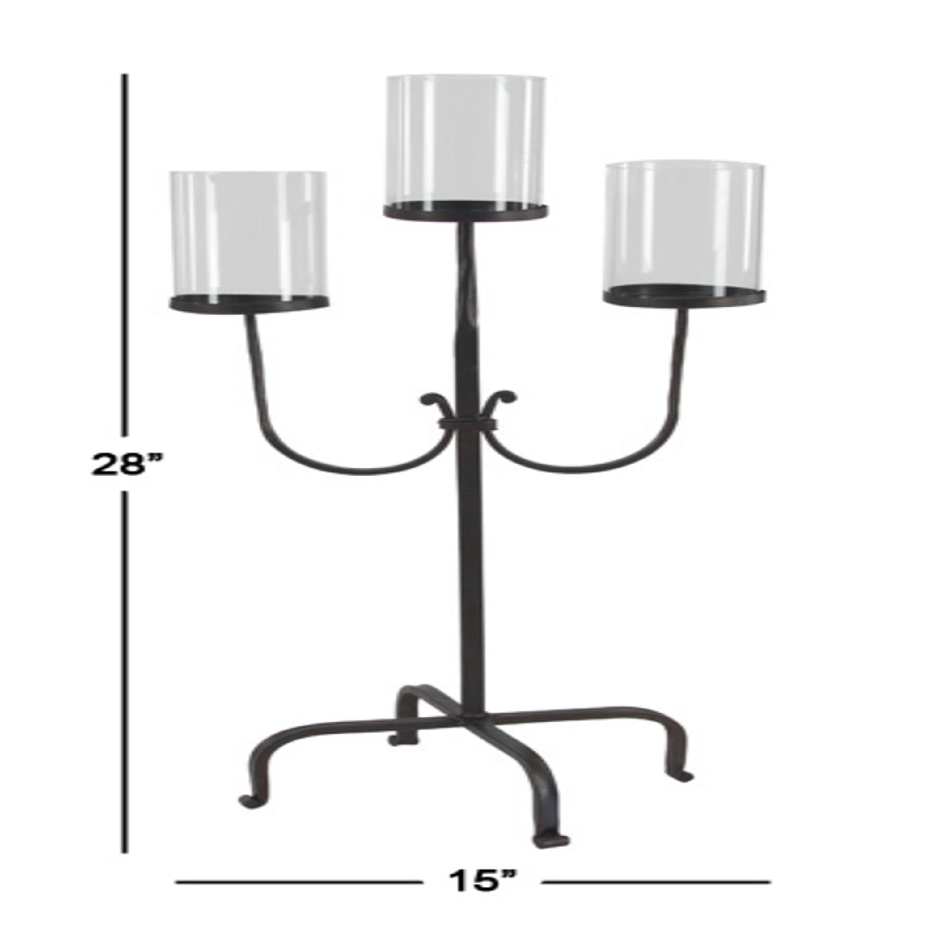 Black Iron 3-Light Hurricane Candelabra with Glass Shades