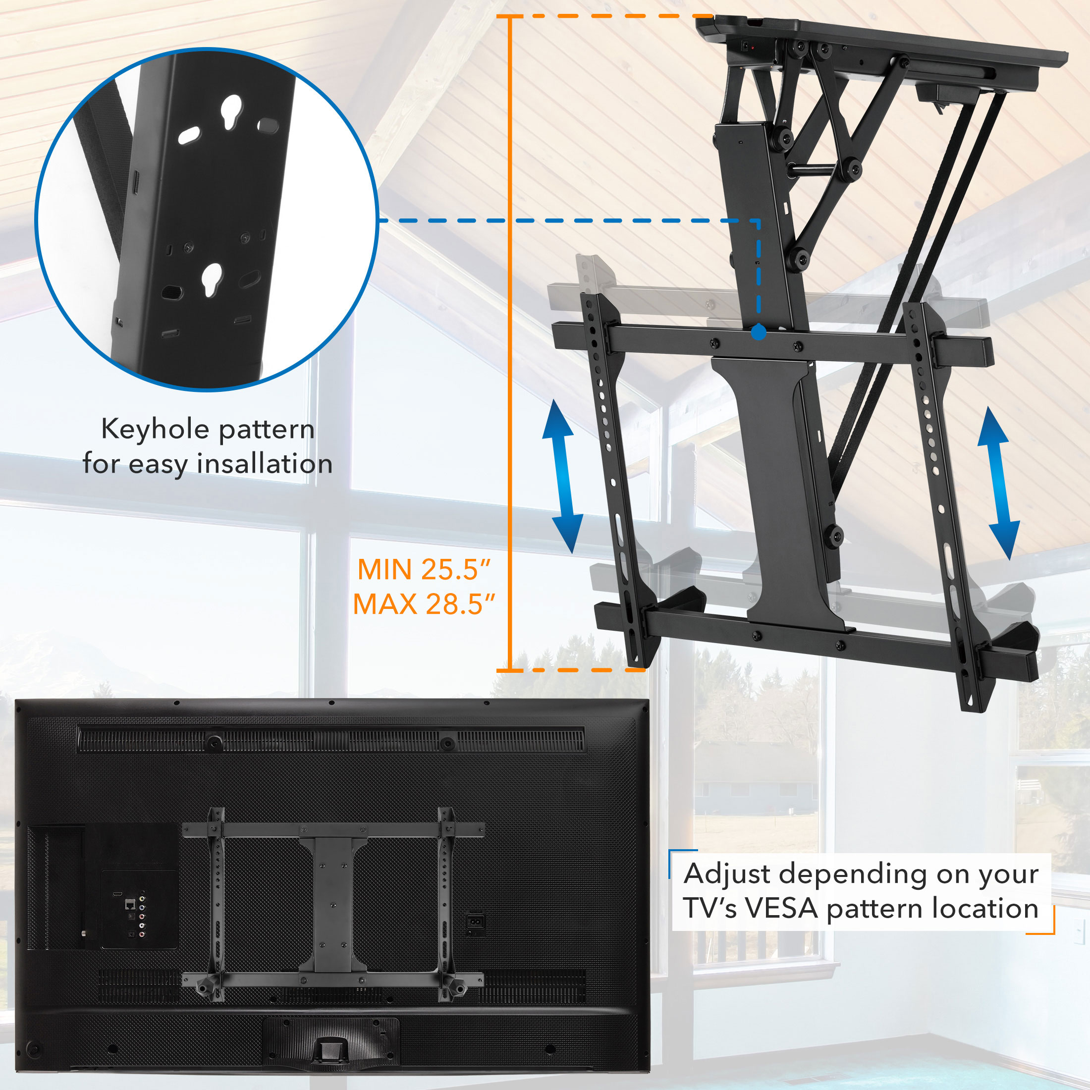 Motorized Black Steel Ceiling TV Mount for 32-70 Inch Screens
