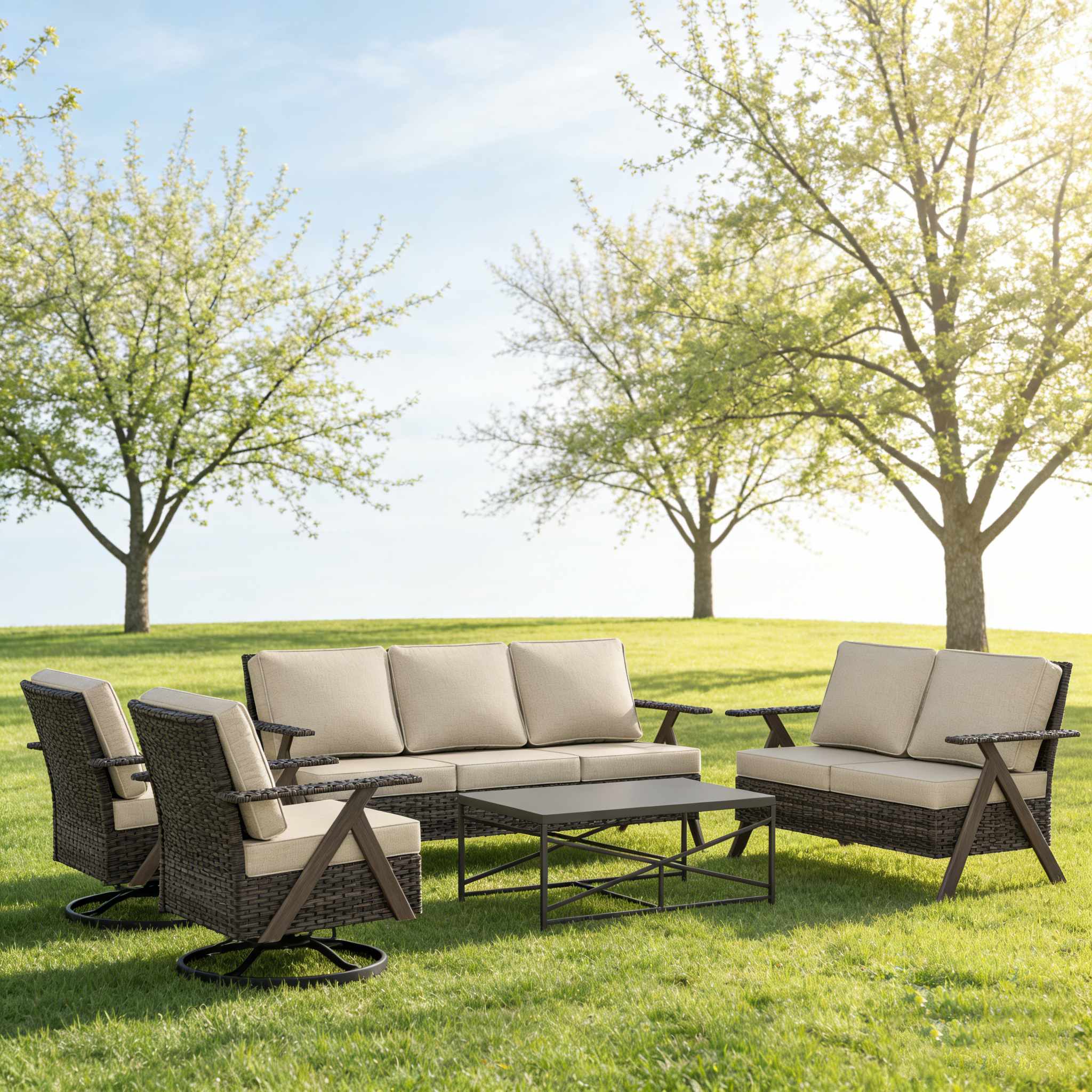 Bestier 5 Piece Outdoor Wicker Conversation Set with Two Sofas Two Swivel Rocking Chairs and Coffee Table Beige Cushions Brown Table