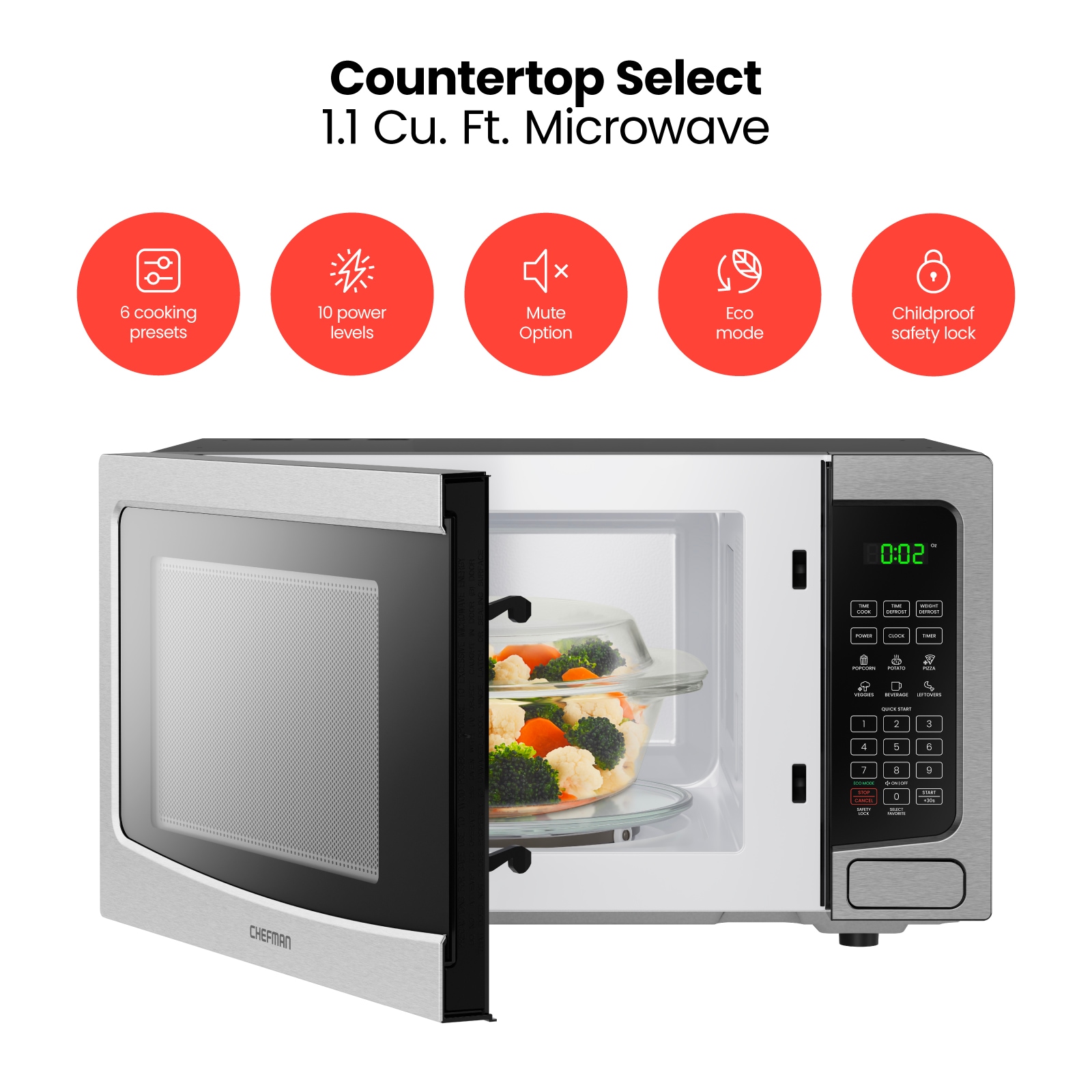 Chefman 1.1 Cu Ft Stainless Steel Countertop Microwave Oven