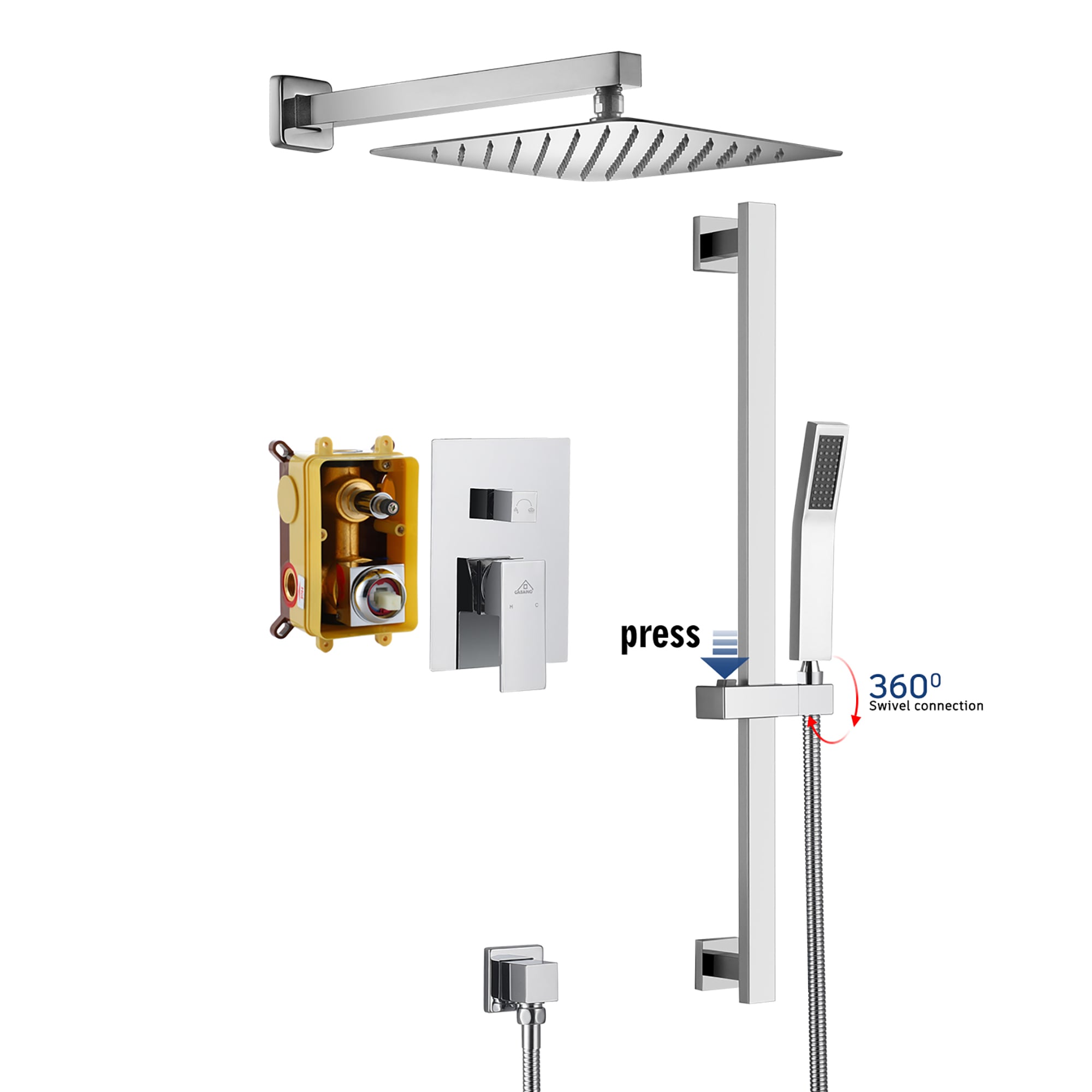 CASAINC M6628-A-10-CP Chrome 10-in Built-In Shower Faucet System with 2-way Diverter ( Pressure-balanced Valve Included )