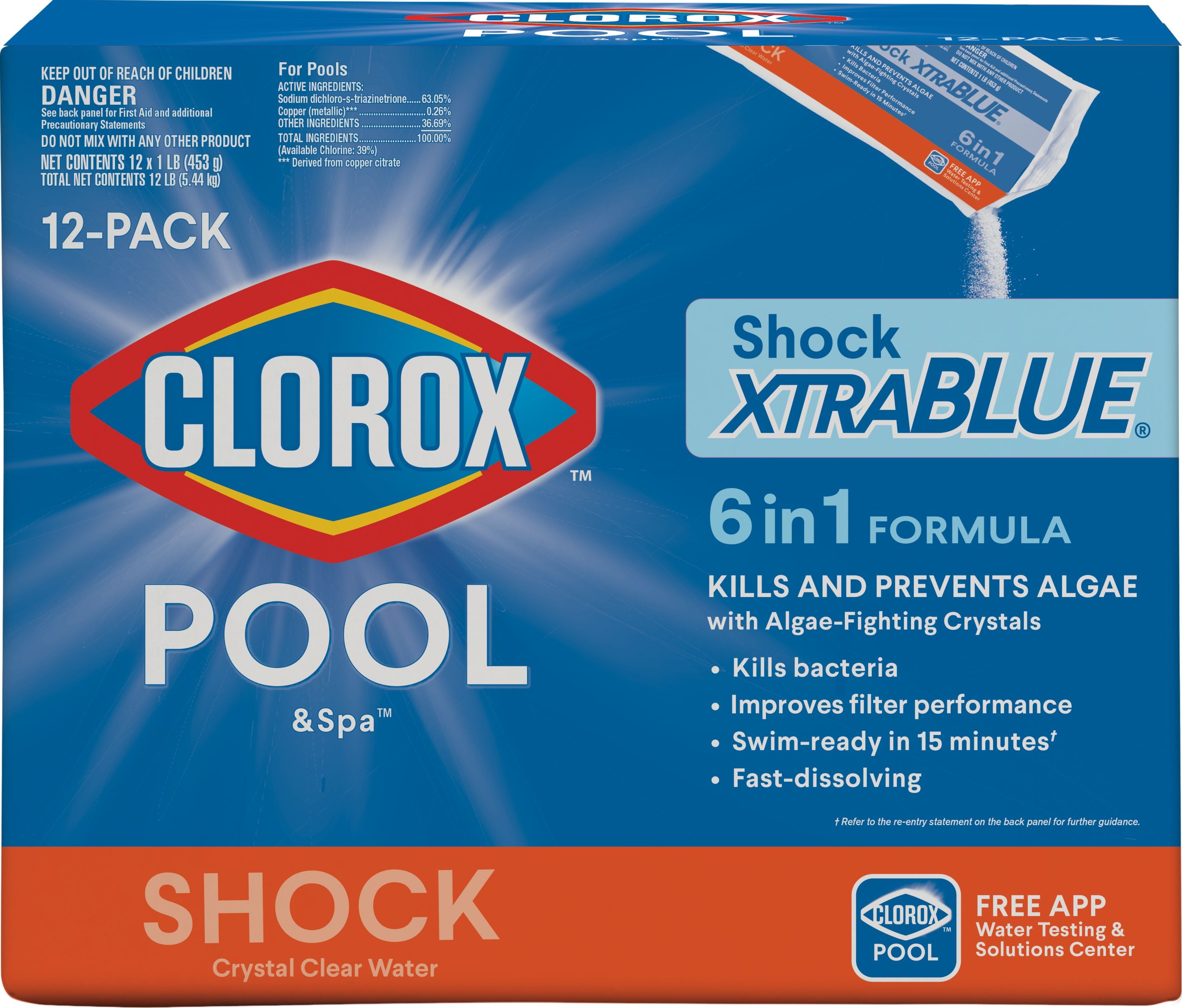 1 Pk of 6 in 1 Clorox Pool and Spa XTRA Blue Shock with Algae Killing Crystals 
