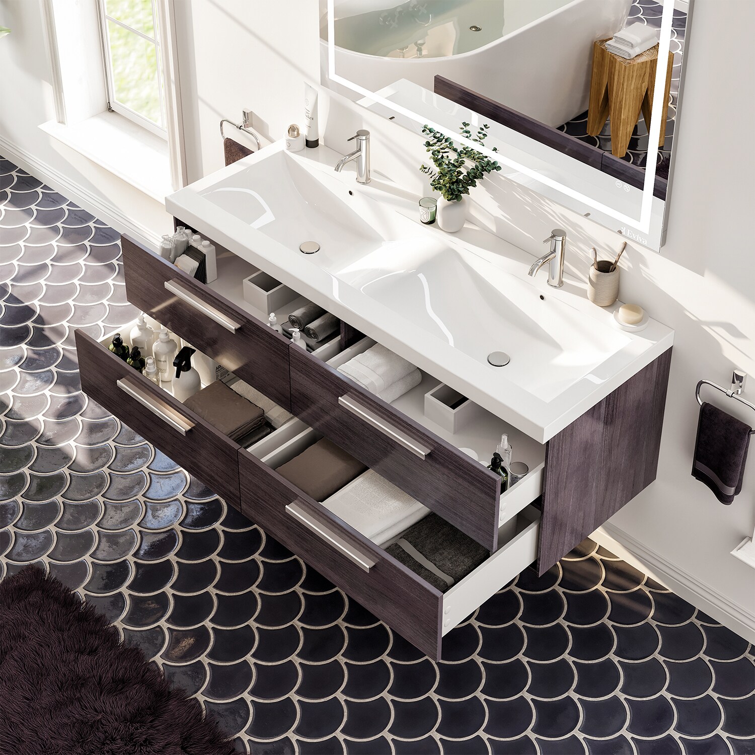 Eviva Surf 57 Black-Wood Modern Bathroom Vanity Set with Integrated White Acrylic Double Sink