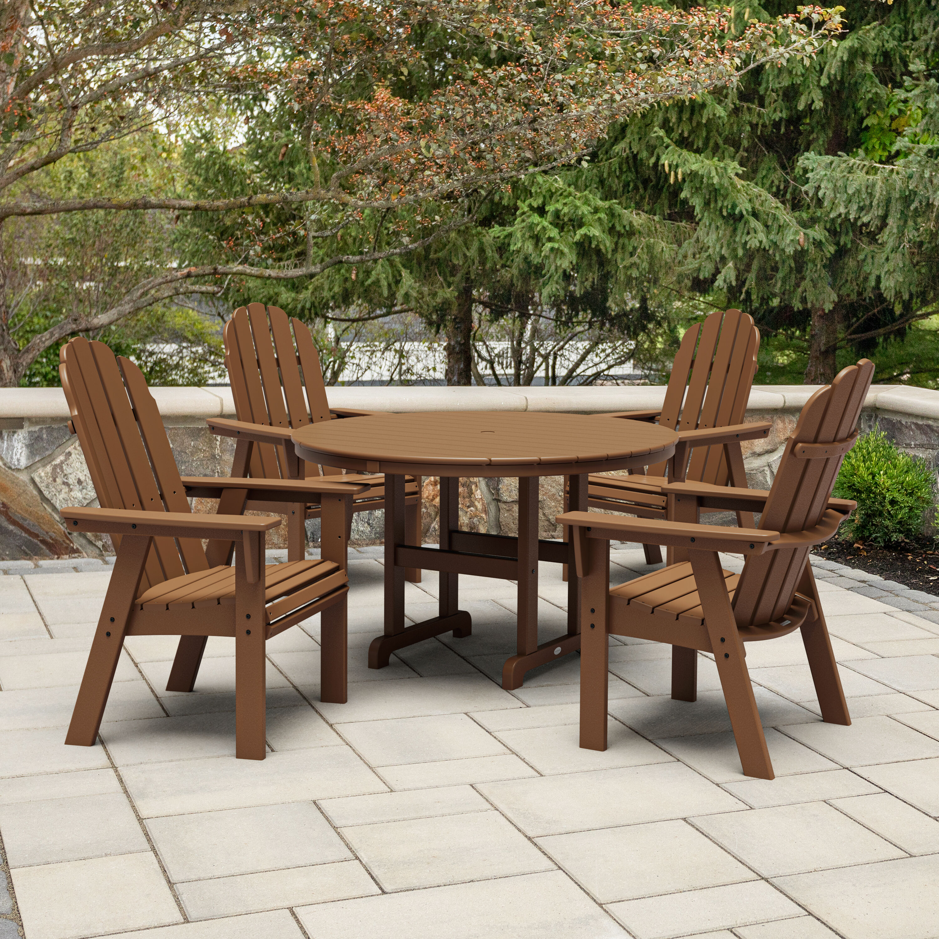 allen + roth by POLYWOOD PWS2727-1-TE Oakport 5 -Piece Teak Patio Dining Set Plastic Round Table with 4 Stationary Chairs