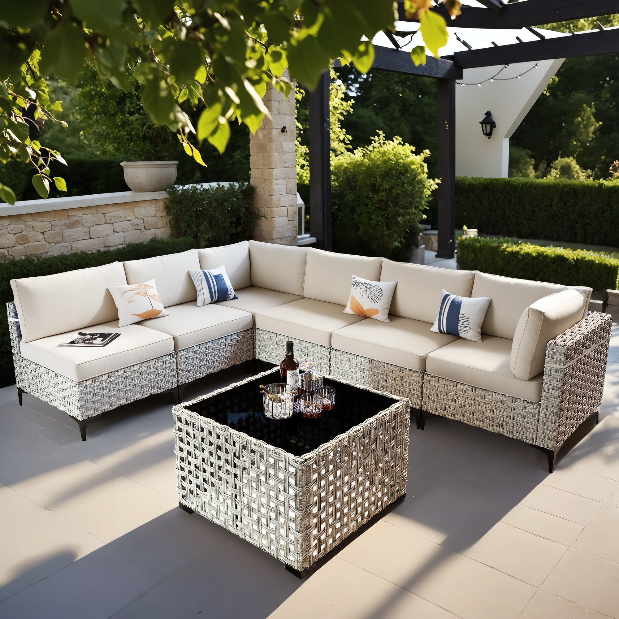 XIZZI Amber Rattan Outdoor Sectional with Beige Cushions and Steel Frame