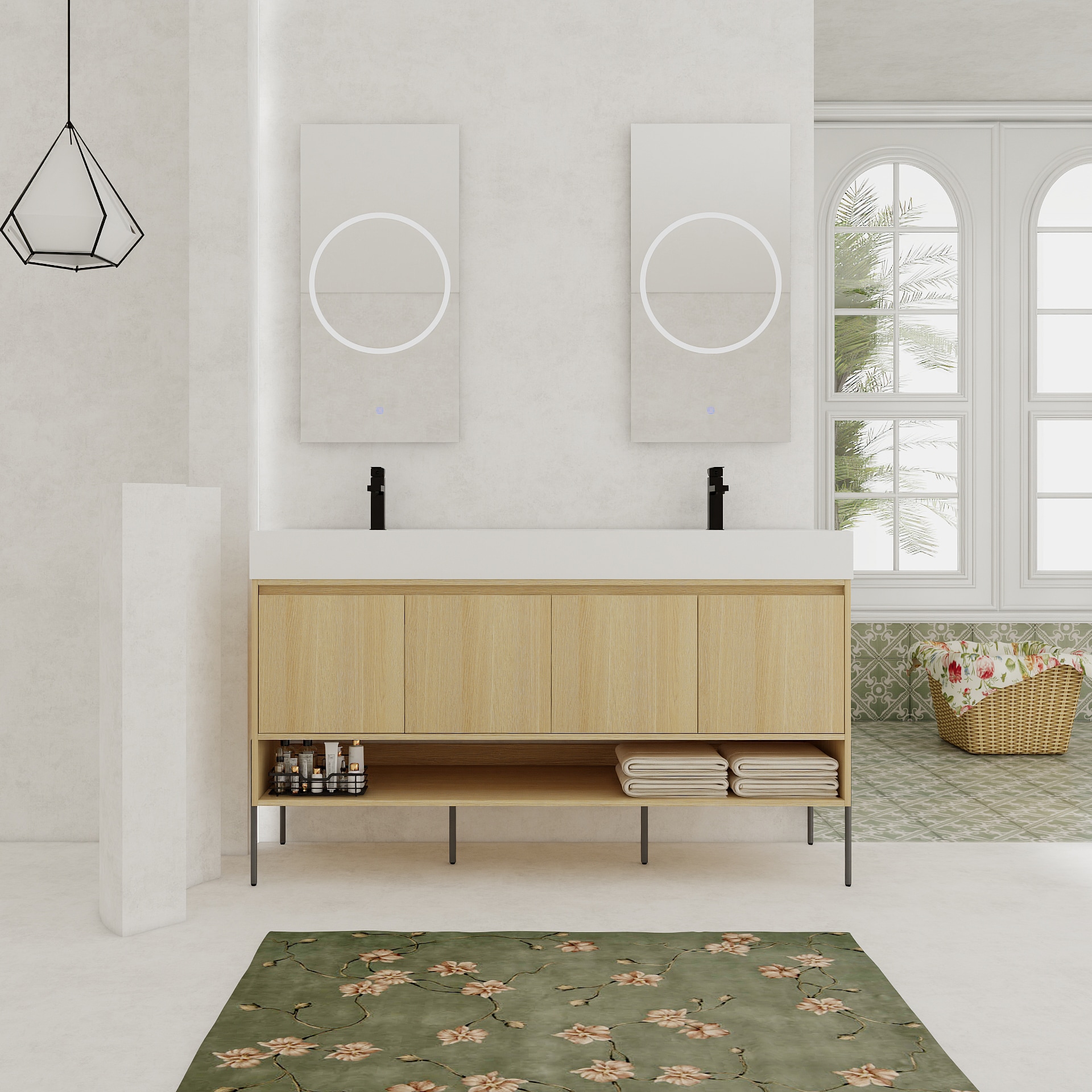 GDFStudio Modern 60 Inch Freestanding Wood Bathroom Vanity Combo with Double Resin Sink and 4 Door Storage Cabinet Oak
