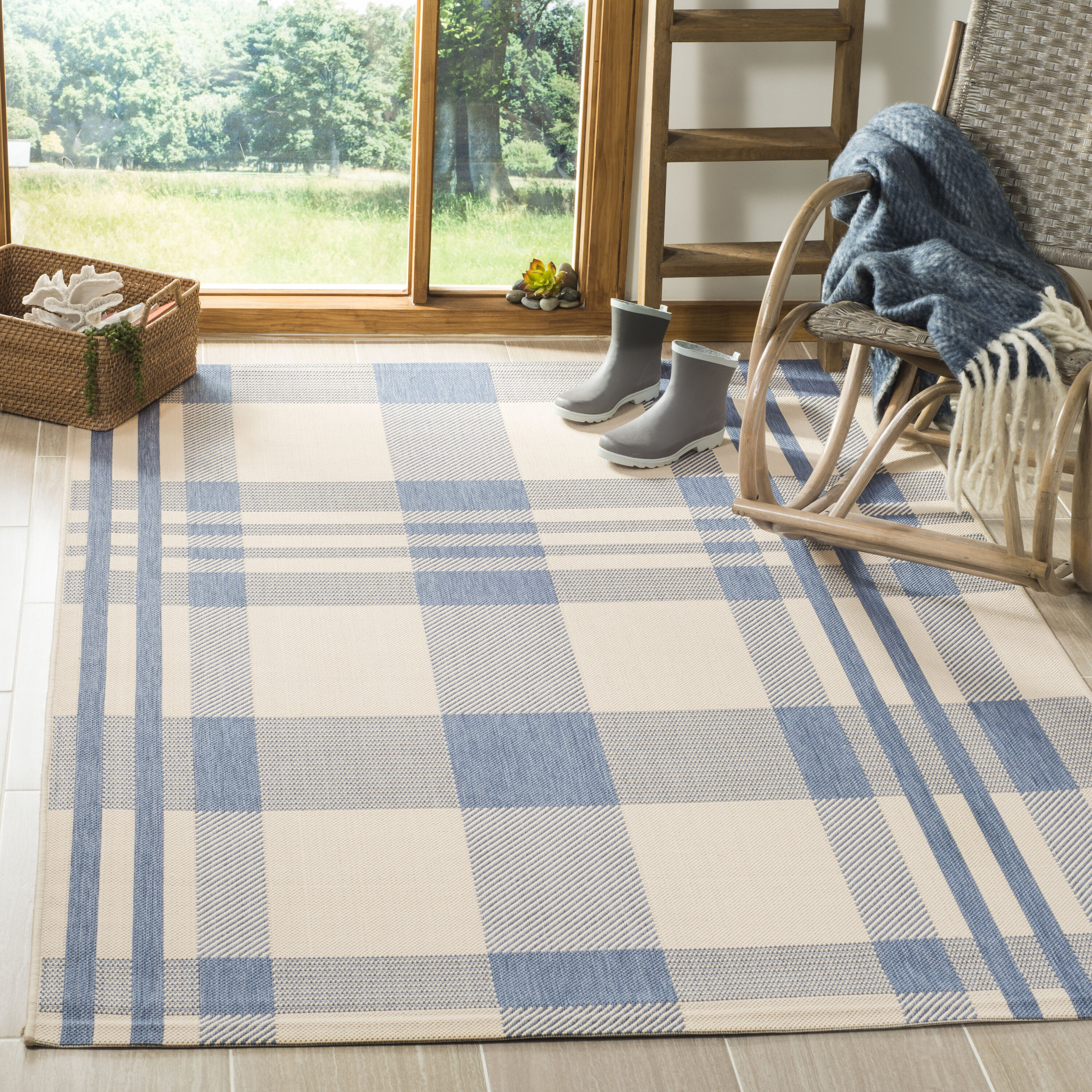 Safavieh CY6201-233-8 Courtyard Caye 8 x 11 (ft) Loomed Polypropylene Beige/Blue Rectangular Indoor/Outdoor Geometric Area rug