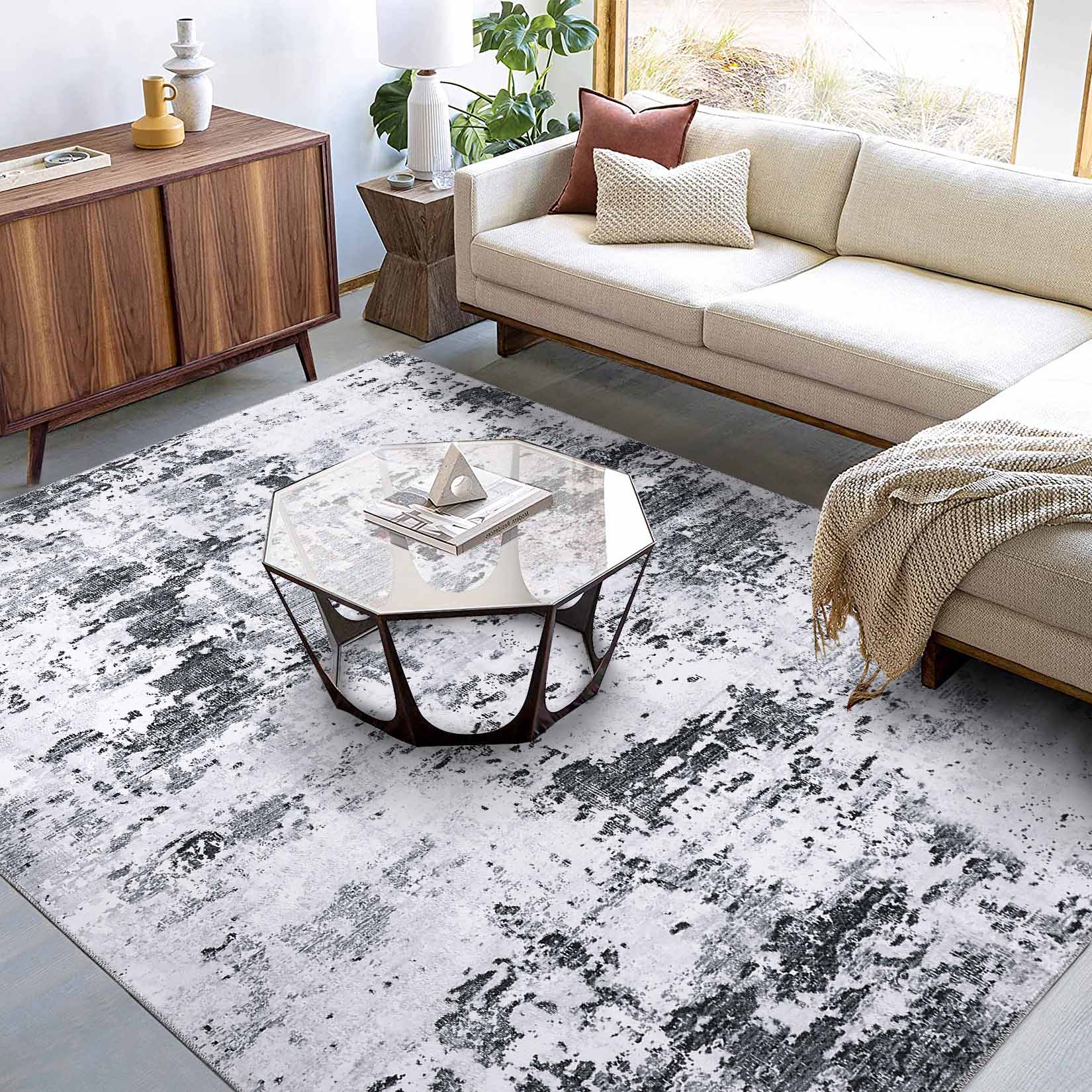 Garvee YXY-LO-PHO-0XT4779G 5 x 7 (ft) Loomed Polyester Light Gray Rectangular Indoor Abstract Mid-Century Modern Machine washable Area rug