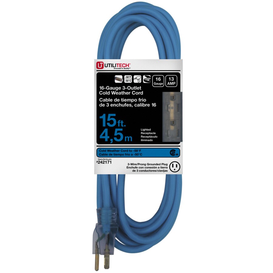 Utilitech UTC890615 15-ft 16/3 SJTW Blue Cold Weather Extension Cord w/Indicator Light and Velcro Strap