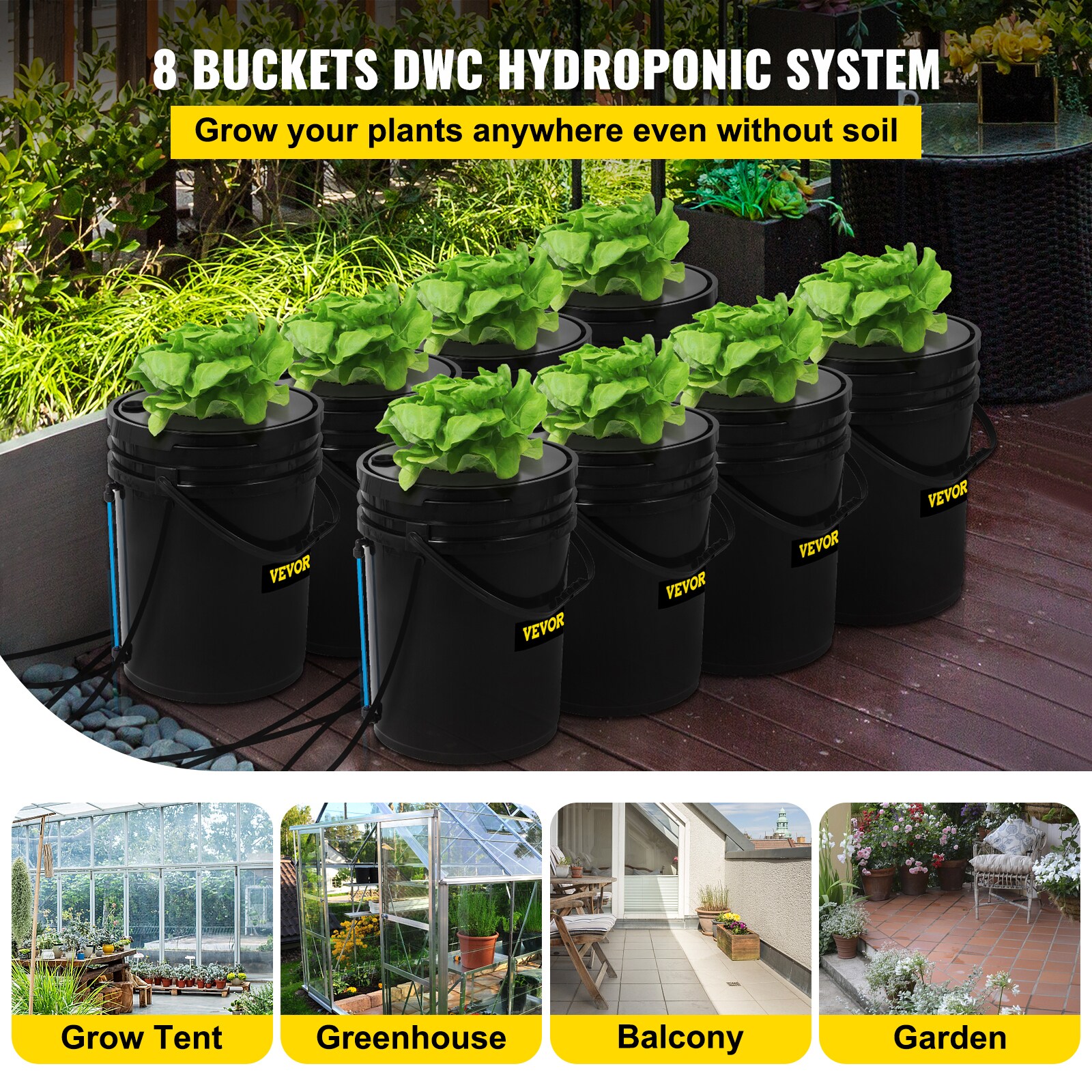 VEVOR 5-Gallon DWC Hydroponic System 8PC Plastic Hydroponic System (15 ...