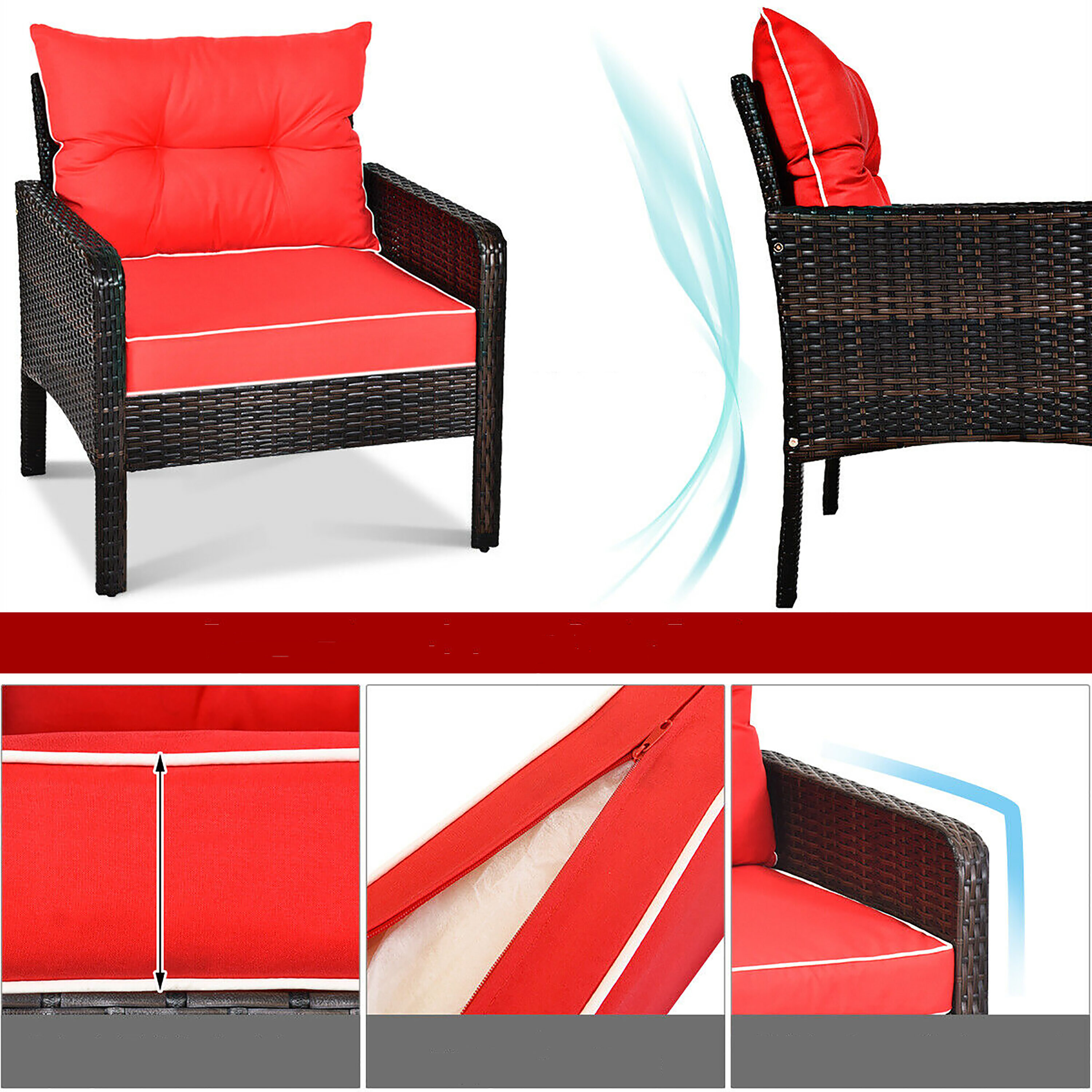 Red Cushioned 2 Person Brown Rattan Conversation Set with Glass Top Table