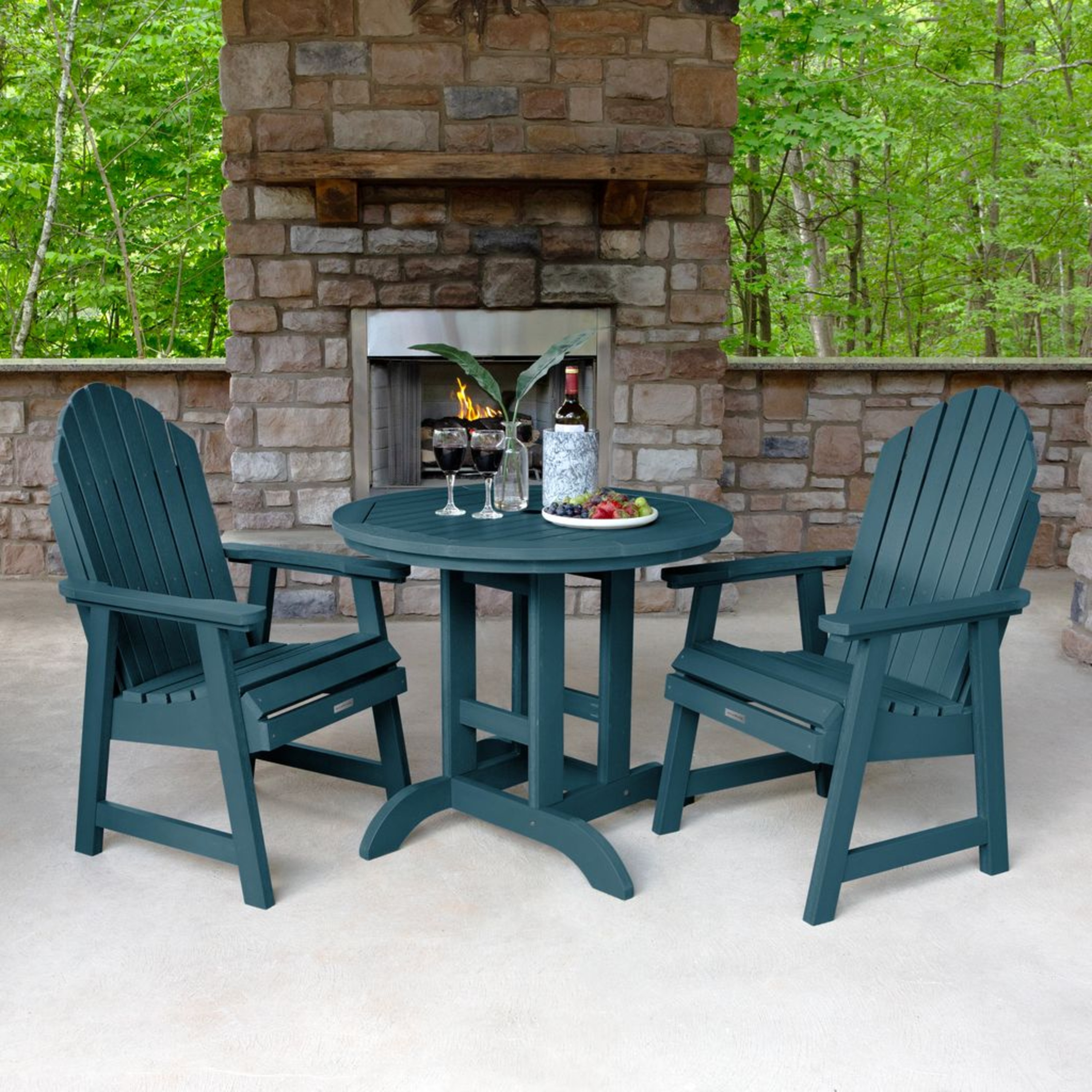 highwood AD-DNA36-NBE The Adirondack 3 -Piece Nantucket Blue Bar Height Patio Dining Set Plastic Round Table with 2 Stationary Chairs