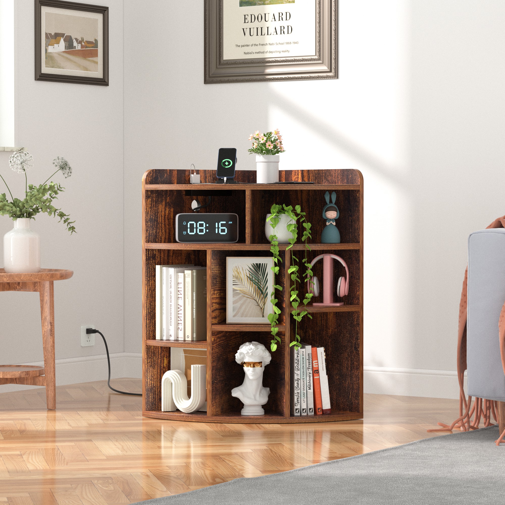 Vecelo LOE-CS15-BRN-UP Wooden Corner Cabinet Storage With USB Ports And Outlets Corner Cube Toy Storage For Small Space