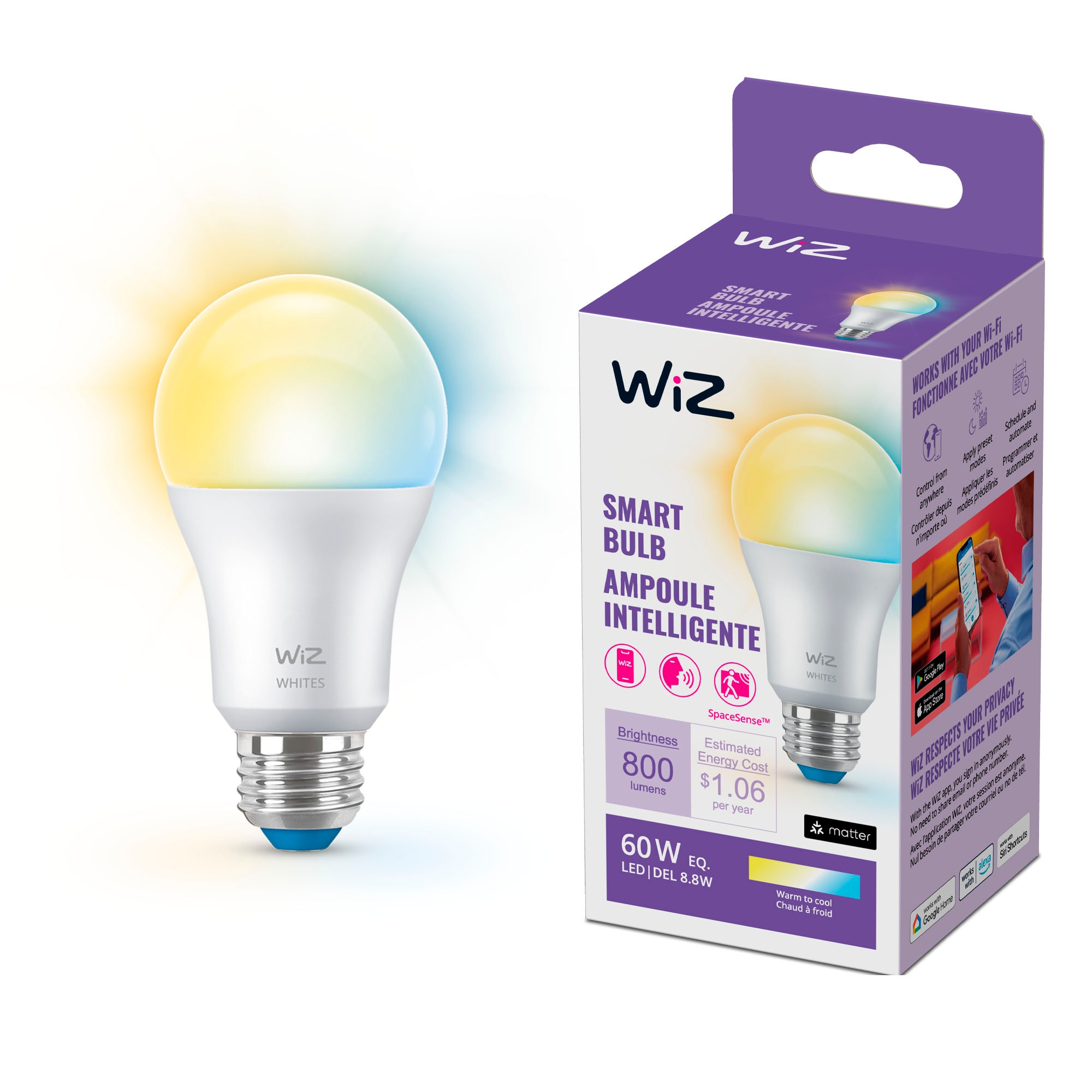 WiZ 604264 Tunable White 60 -Watt EQ A19 Tunable white E26 Dimmable Smart LED General purpose Light Bulb