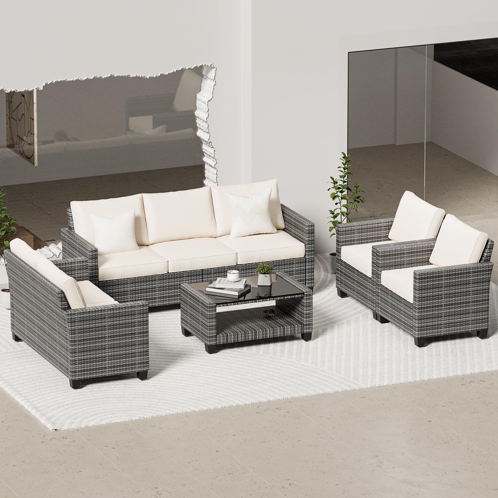 Qeetex SUN-PHO-12OC7BEN 5 Piece Outdoor PE Rattan Furniture Set with Dining Table and Chairs Grey Wicker Sectional Sofa with Cushions