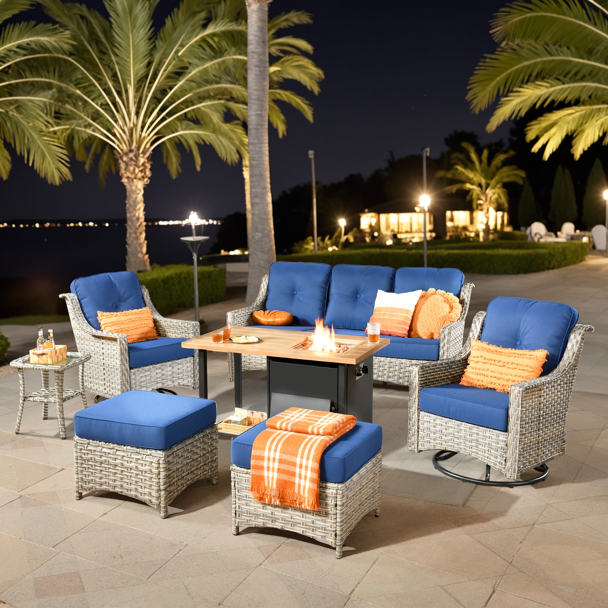 weaxty HMBDFP-YZPAD7071 Aireno 7 -Piece Rattan Patio Sofa Conversation Set with Blue Cushions
