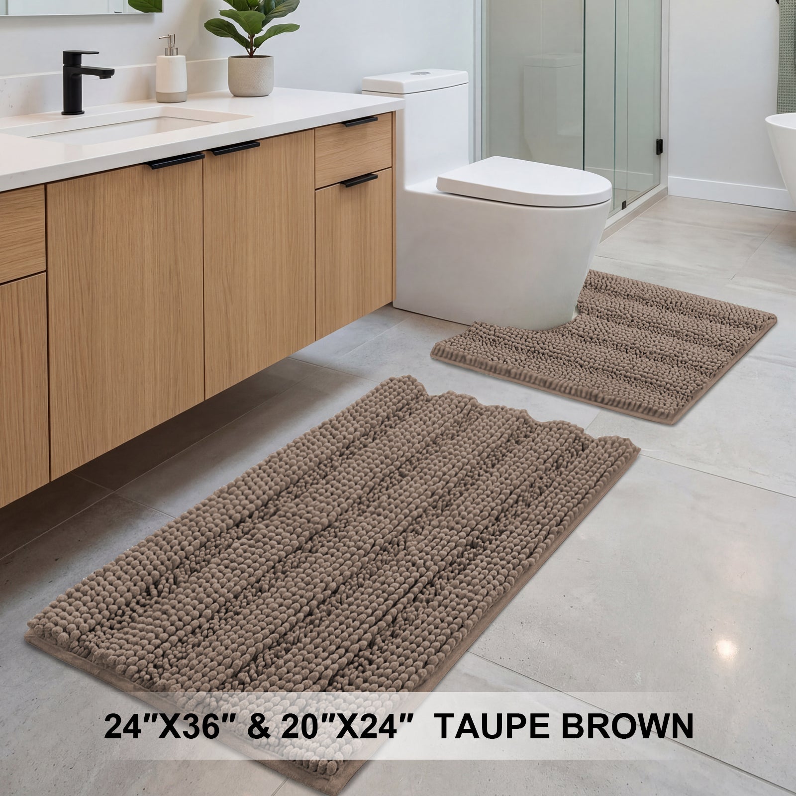 H.Versailtex  2Piece Taupe Taupe Chenille Bath Rug Set ExtraThick Striped Shaggy Bathroom Mats NonSlip 24 x 36 in