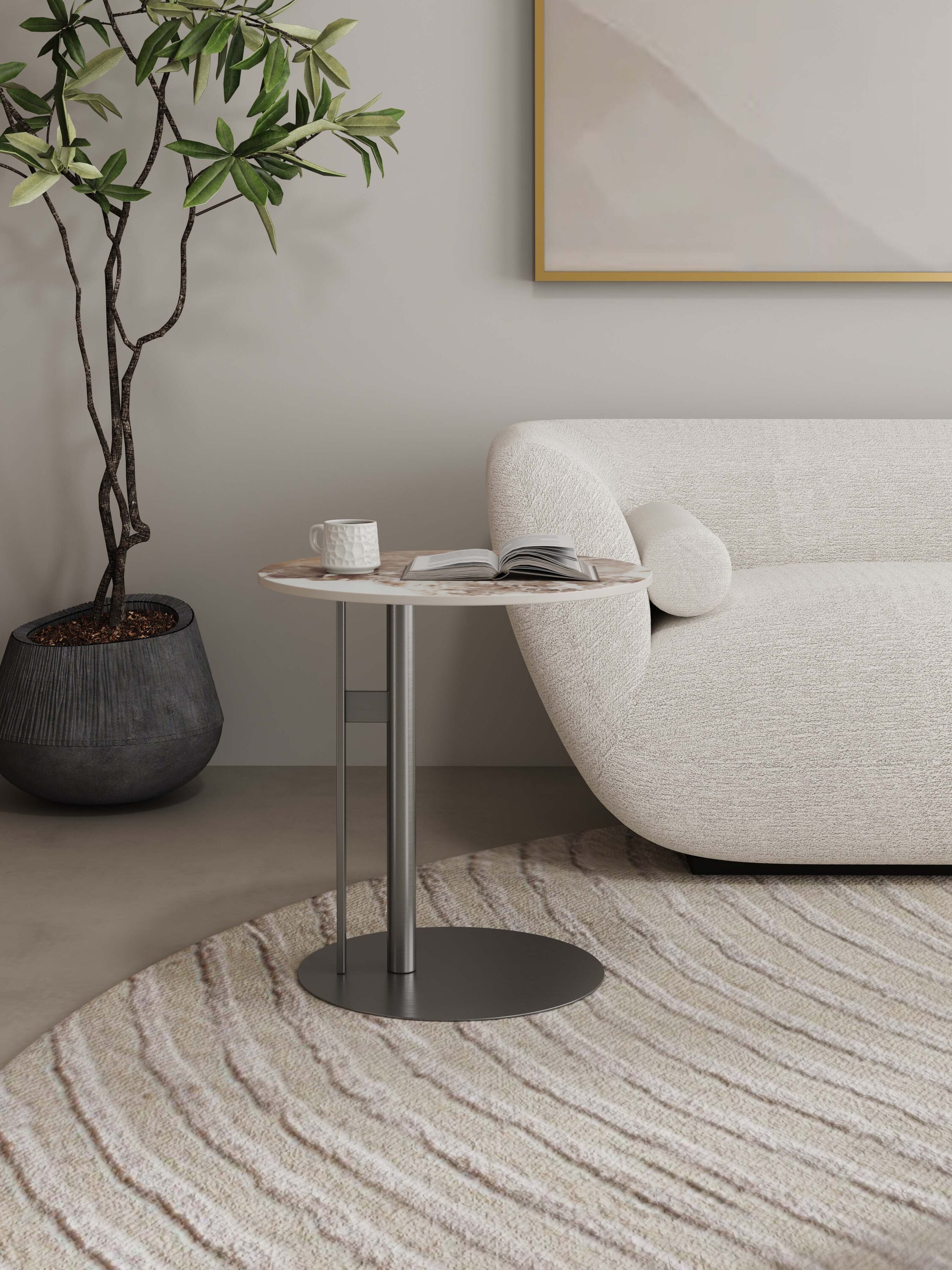 Modern Round Stone and Metal Accent Table