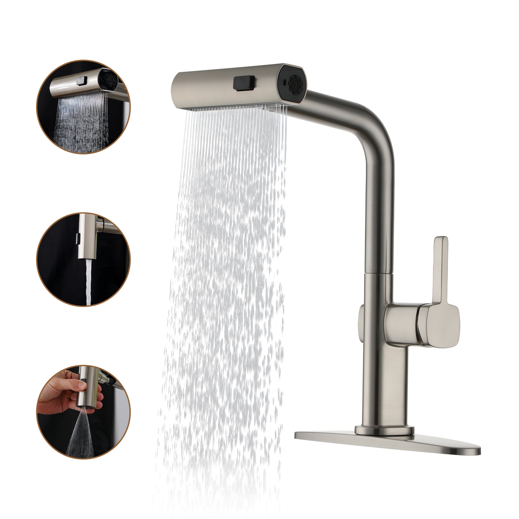 Mondawe AM-K163A-BN Brushed Nickel Single Handle Deck-mount Pull-out Kitchen Faucet with Sprayer