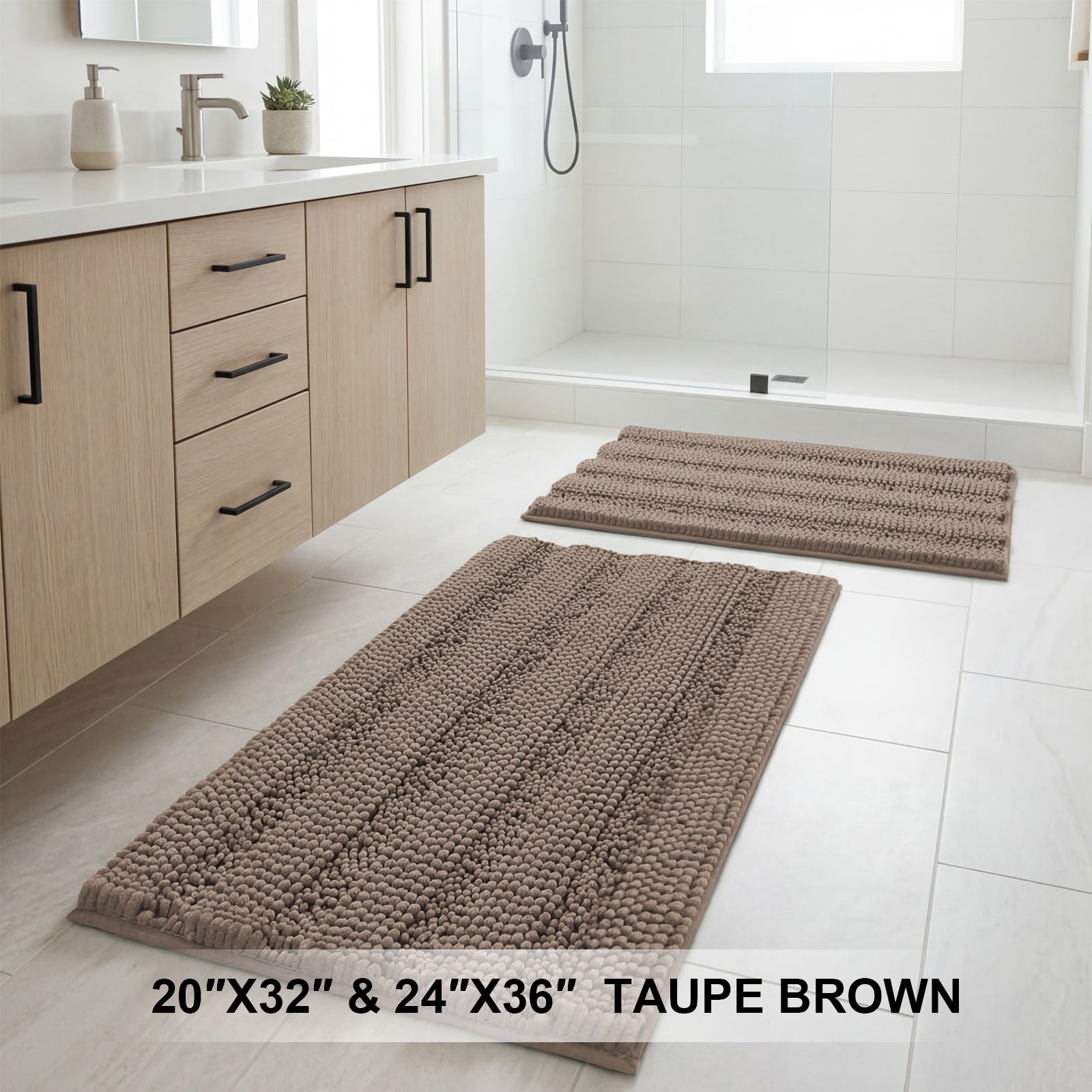 H.Versailtex  Taupe Chenille Bath Rug Set 2Piece ExtraThick Striped Shaggy Bath Mats with NonSlip Backing 20 x 32 in