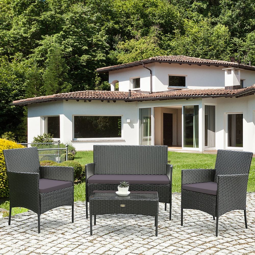 Forclover HYFC-5357WH-GR Patio Conversation Sets 4 -Piece Rattan Patio Conversation Set with Gray Cushions