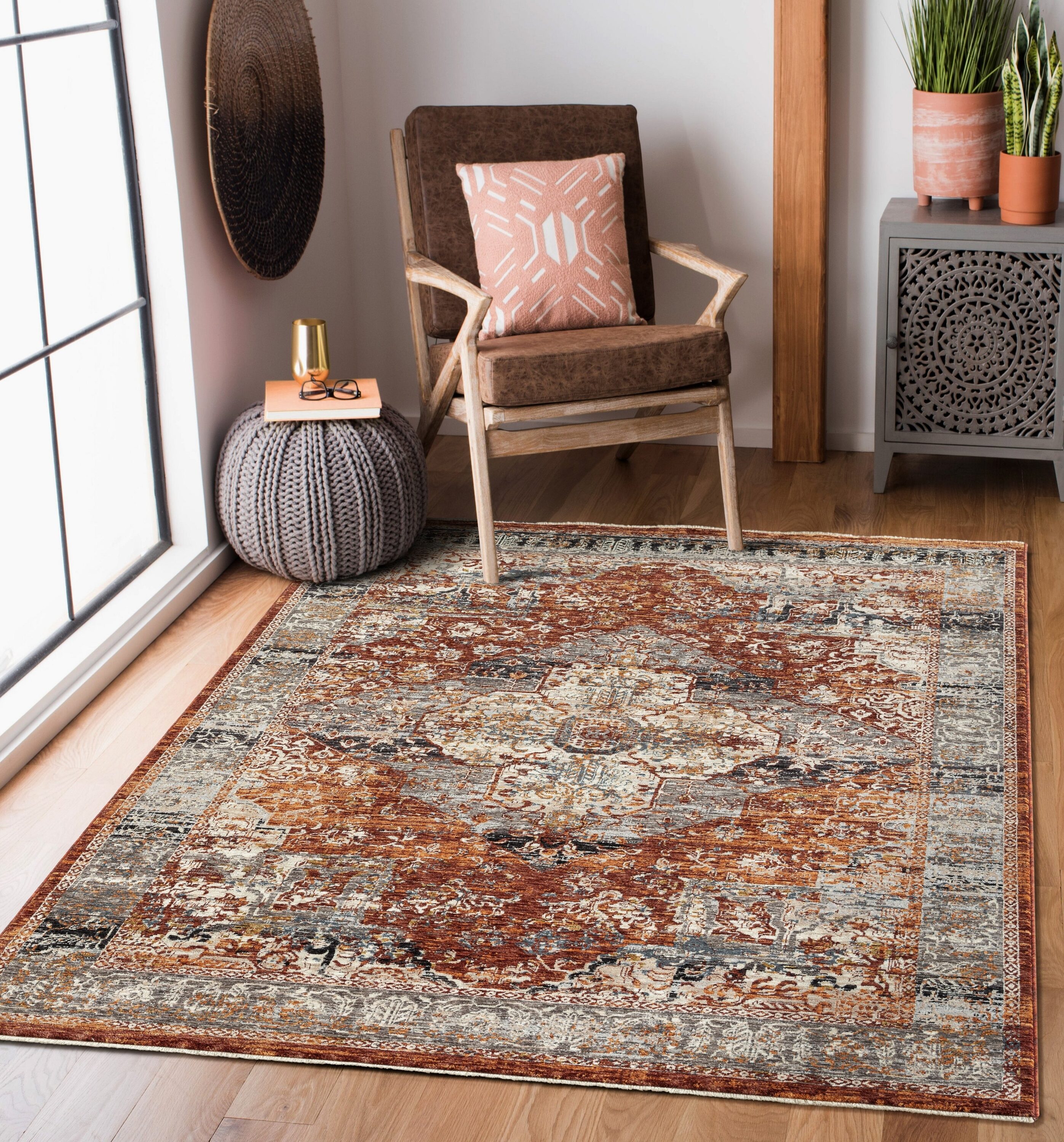 MDA Rugs AM0158 Amelia 5 x 8 (ft) Polyester Rust and Charcoal Rectangular Indoor Medallion Area rug