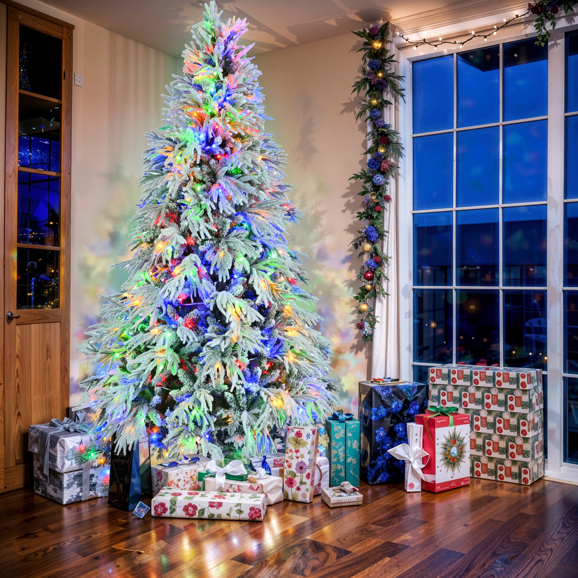 AAZJ NBC-64203LEDCL 7.5-ft Spruce Pre-lit Pencil Flocked White Artificial Christmas Tree with Multicolor LED Lights