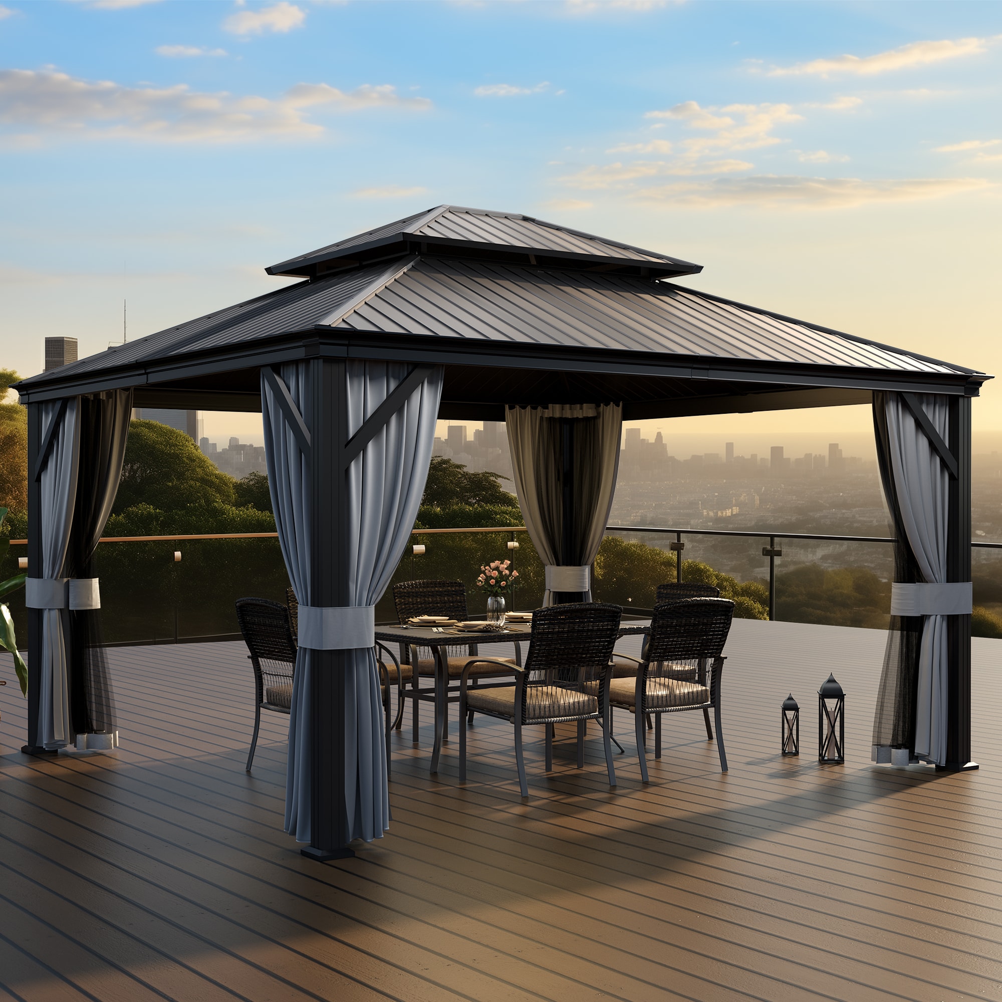 PamaPic 14-ft x 12-ft Hardtop Rectangle Black Metal Steel Roof Gazebo ...