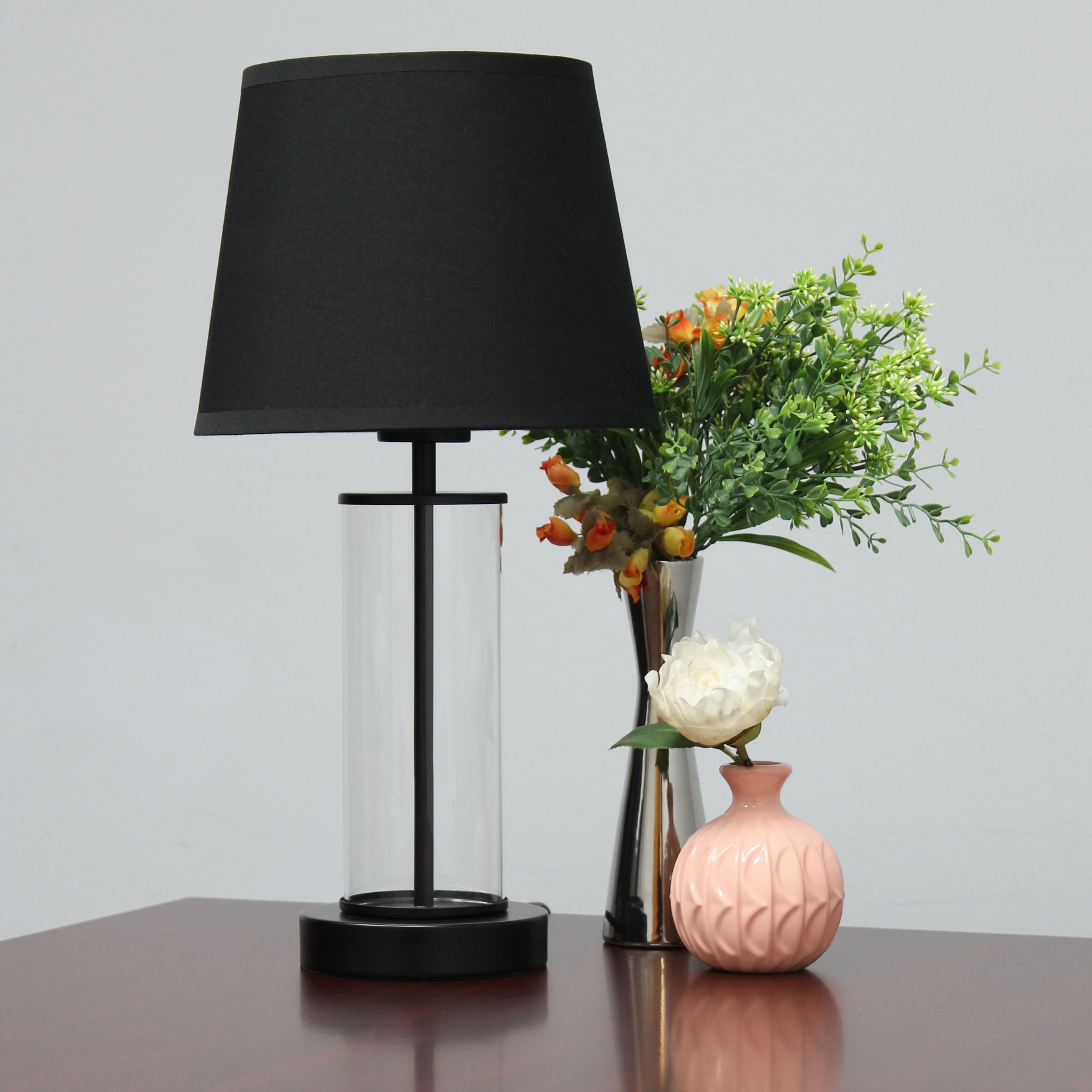 Black Metal and Clear Glass Table Lamp with Fabric Shade