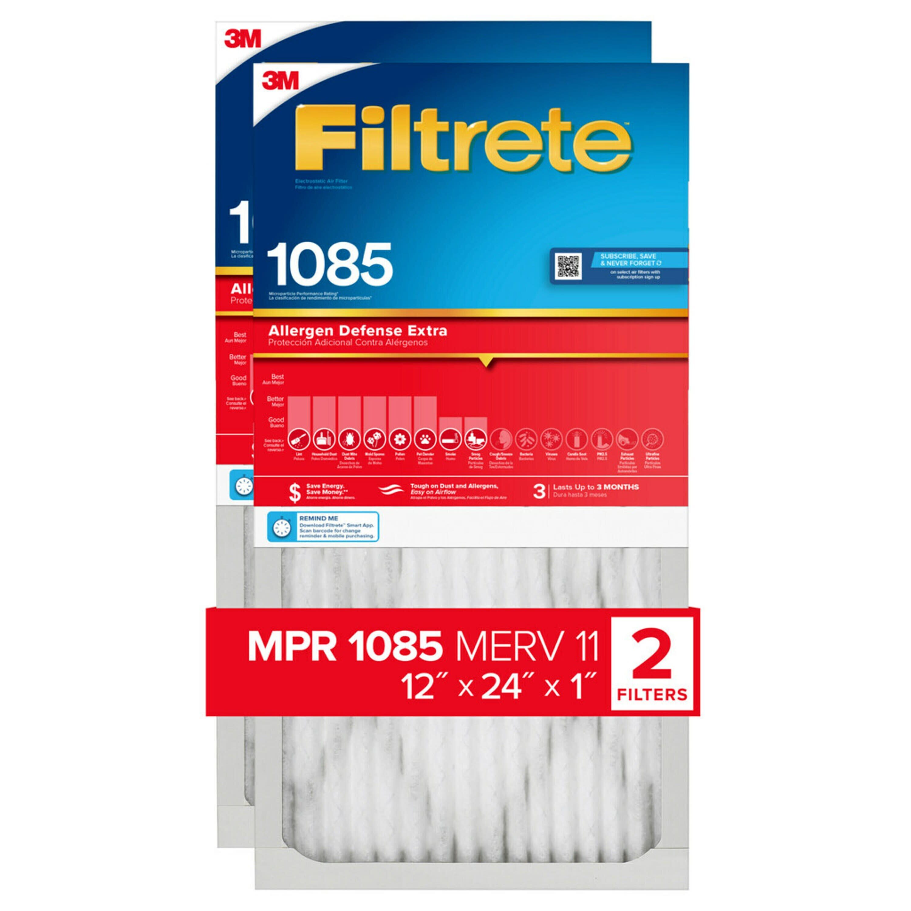 Filtrete 12-in W x 24-in L x 1-in MERV 11 1085 MPR Allergen Defense Extra  Electrostatic Pleated Air Filter (2-Pack) in the Air Filters department at