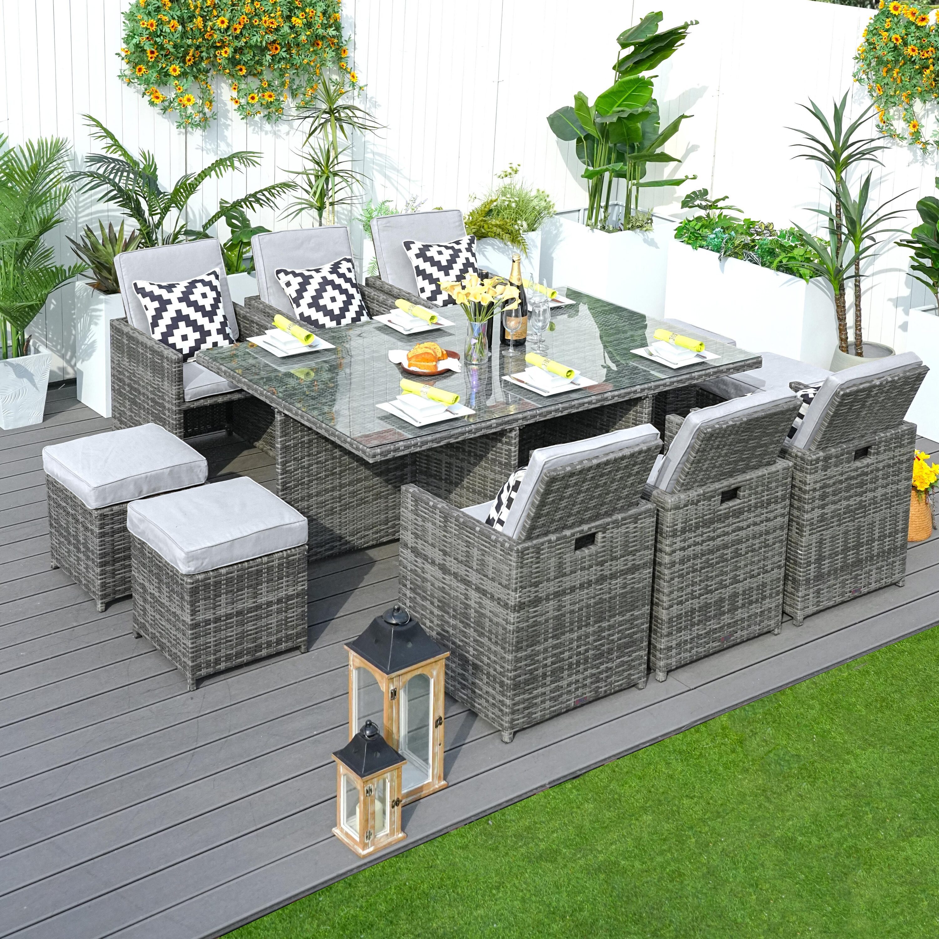 Direct Wicker PAD-3234-GRAY Geo 11 -Piece Gray Wicker Patio Dining Set Extendable Table Wicker Rectangle Table with 6 Gray Cushions Stationary Chairs