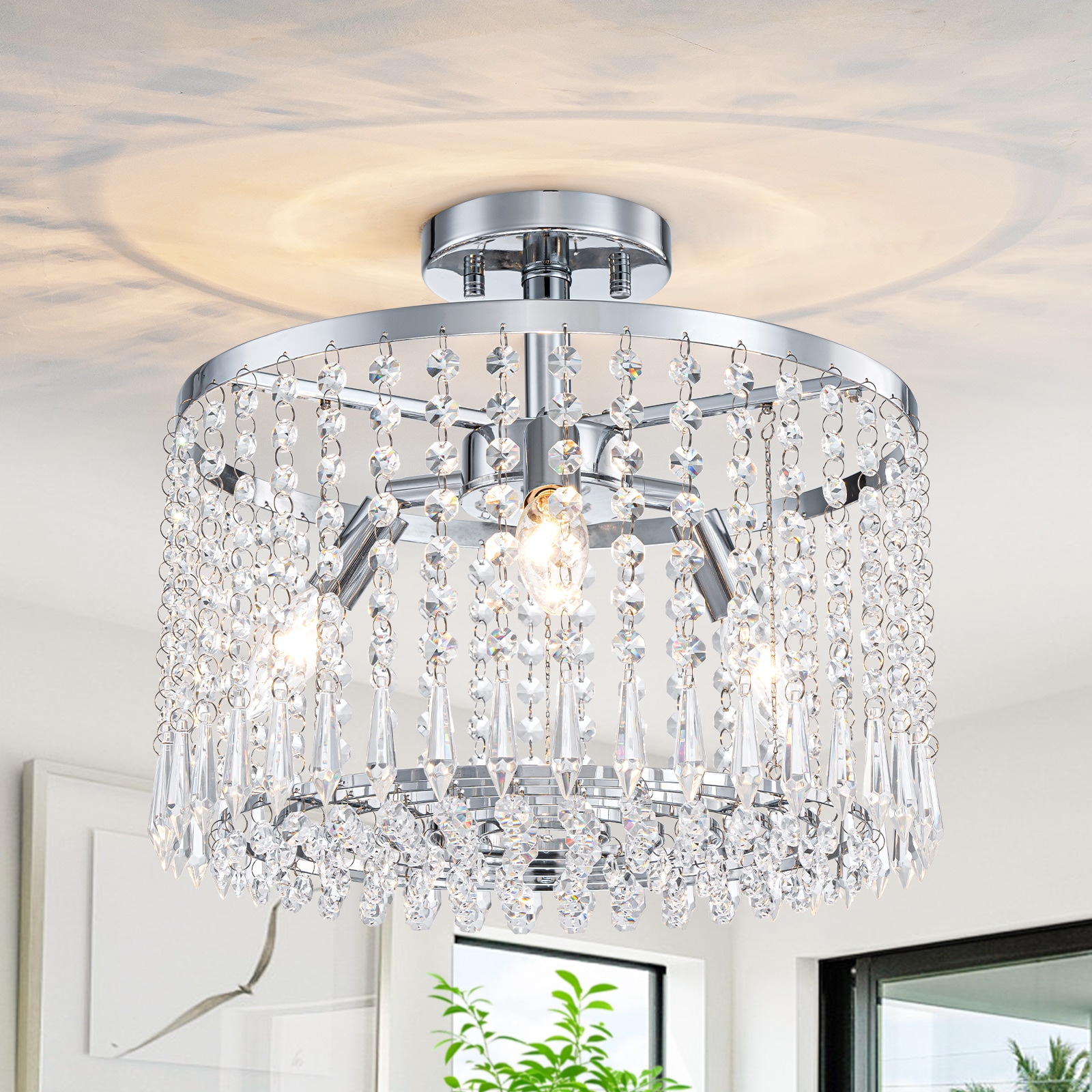 MENCOLULU 3 Light Crystal String Adjustable 180 degree Swivel Ceiling Lights 13.77-in Chrome Indoor Semi-flush Mount Light Crystal Shade