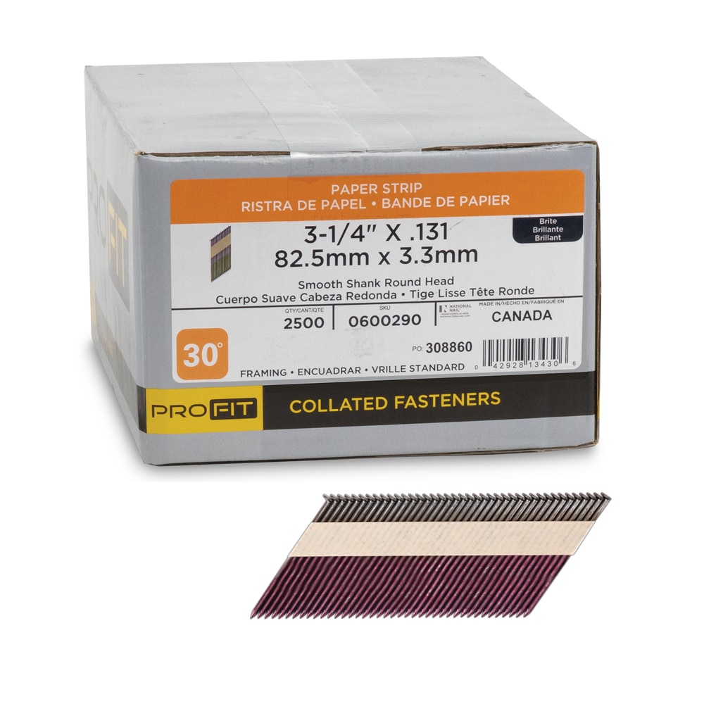 PRO-FIT 0600290 3-1/4-in x 0.131-Inches 30 -Degree Bright Smooth Shank Collated Framing nails ( 2000 -Per Box )