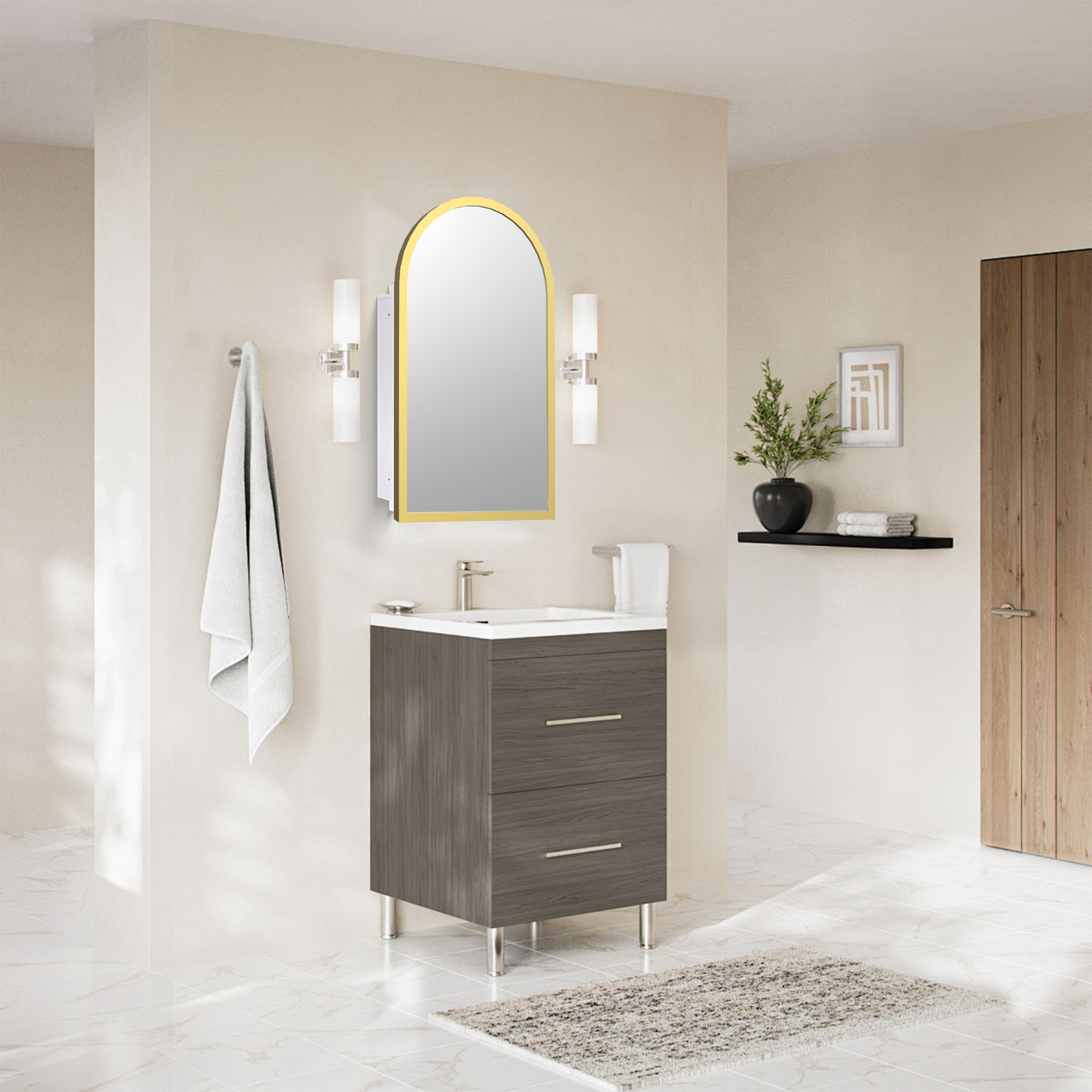Forclover HBM-6609 Medicine Cabinet 16-in x 30-in Surface/Recessed Mount Gold Mirrored Arched Soft Close Medicine Cabinet