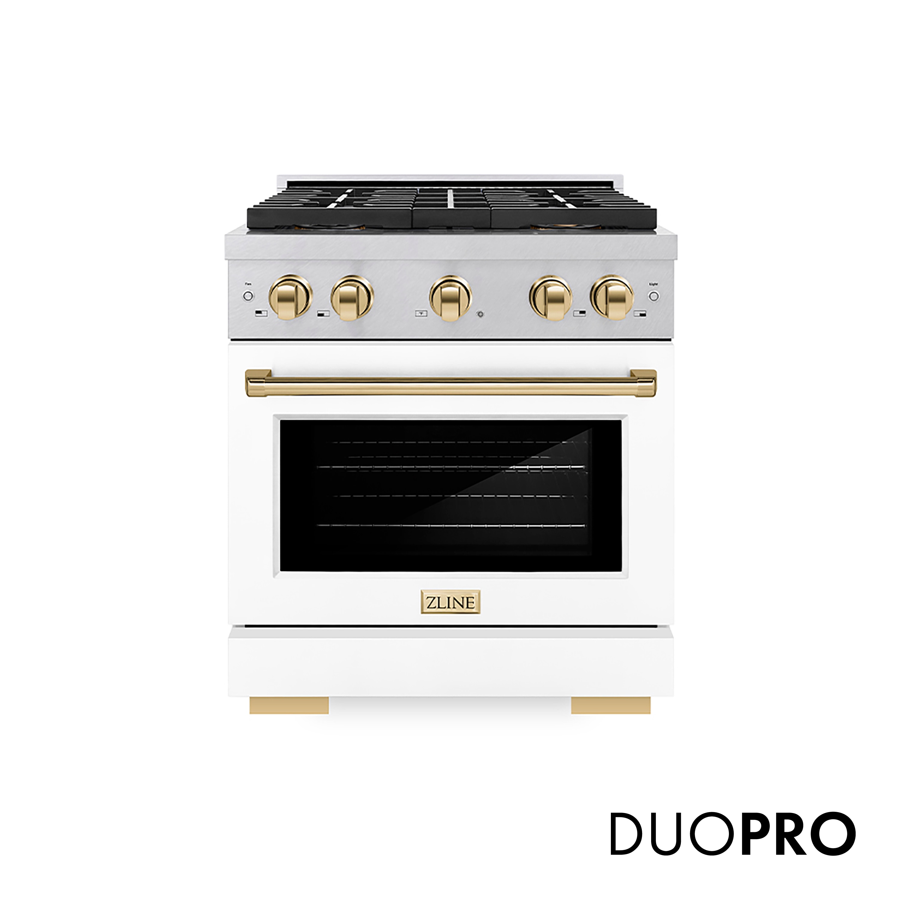 Paramount 30-in Deep recessed 4 burners Convection Oven Freestanding Dual Fuel Range ( Satin Stainless Steel, White Matte Door, Polished Gold Accents )
