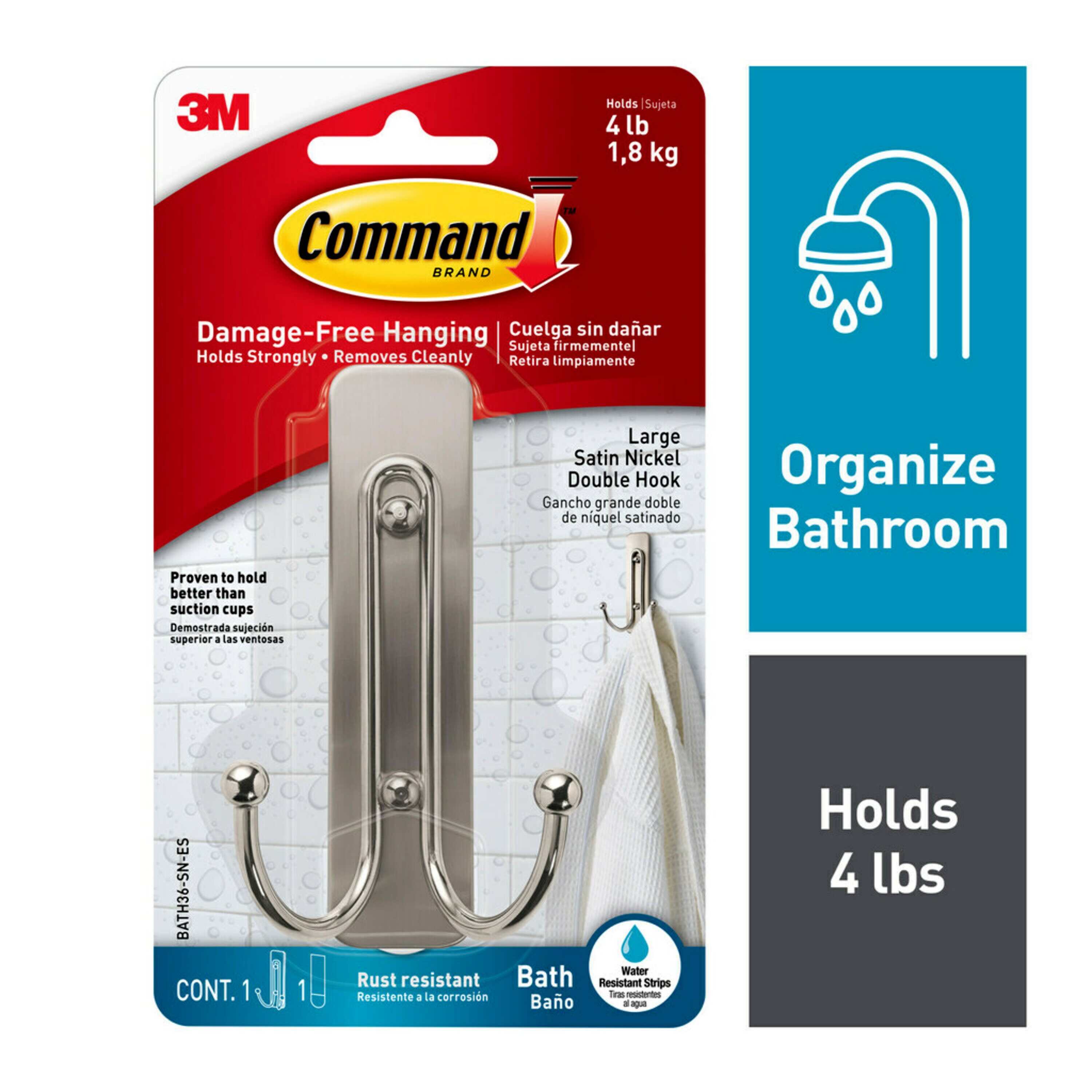 Command Large Decorative Satin Nickel Adhesive Double Bath Hook (4-lb  Capacity) in the Utility Hooks & Racks department at