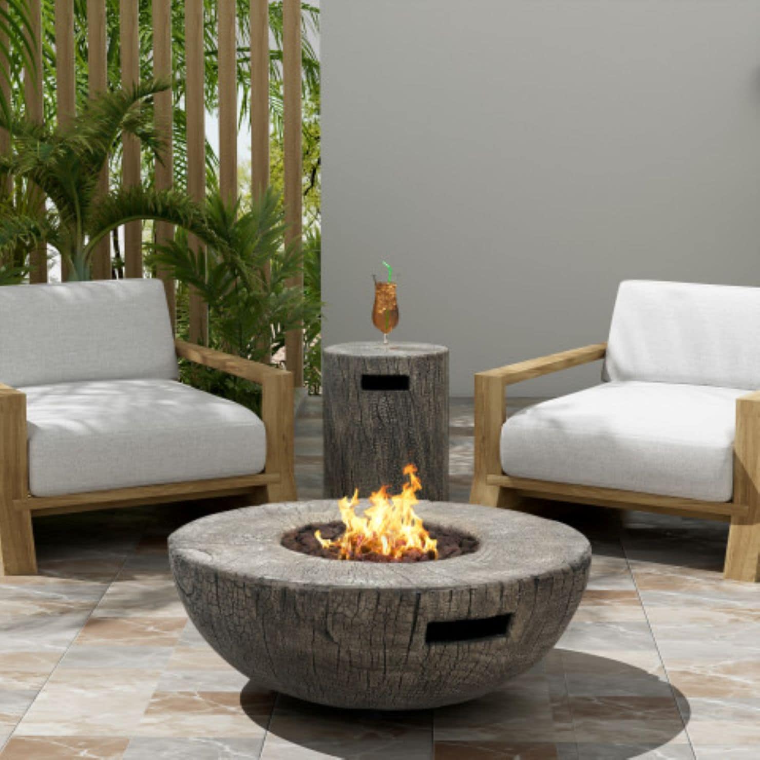 Christopher Knight Home Mason Outdoor Patio Fire Pit and Side Table Tank Holder Set with Durable Lightweight Concrete MGO Construction-Light Grey