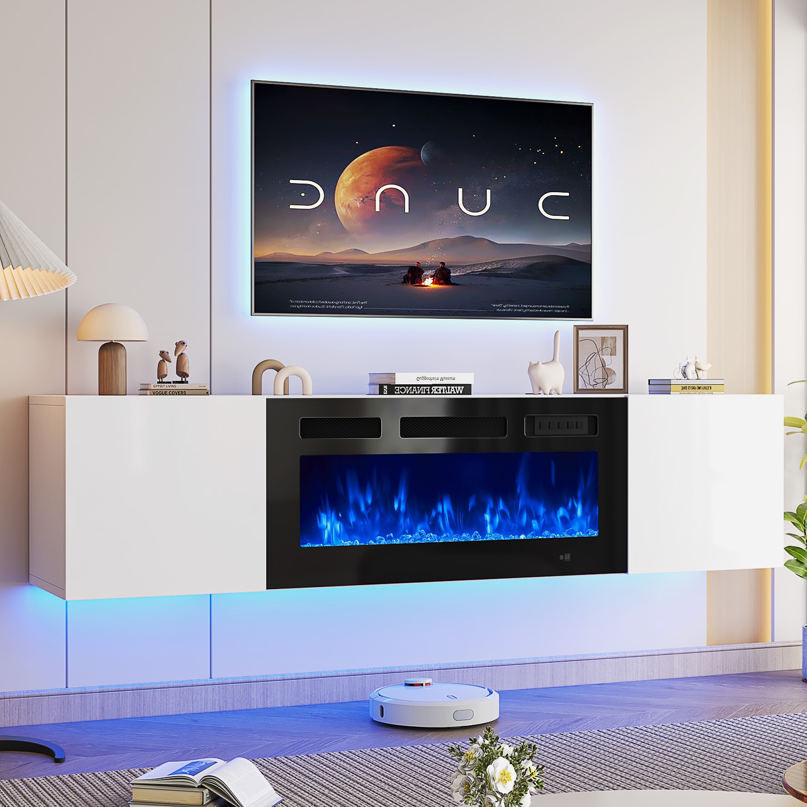 AOXUN 70-in W White TV Stand with Infrared quartz Flat wall Electric Fireplace with Remote Control Included #AX-30270W