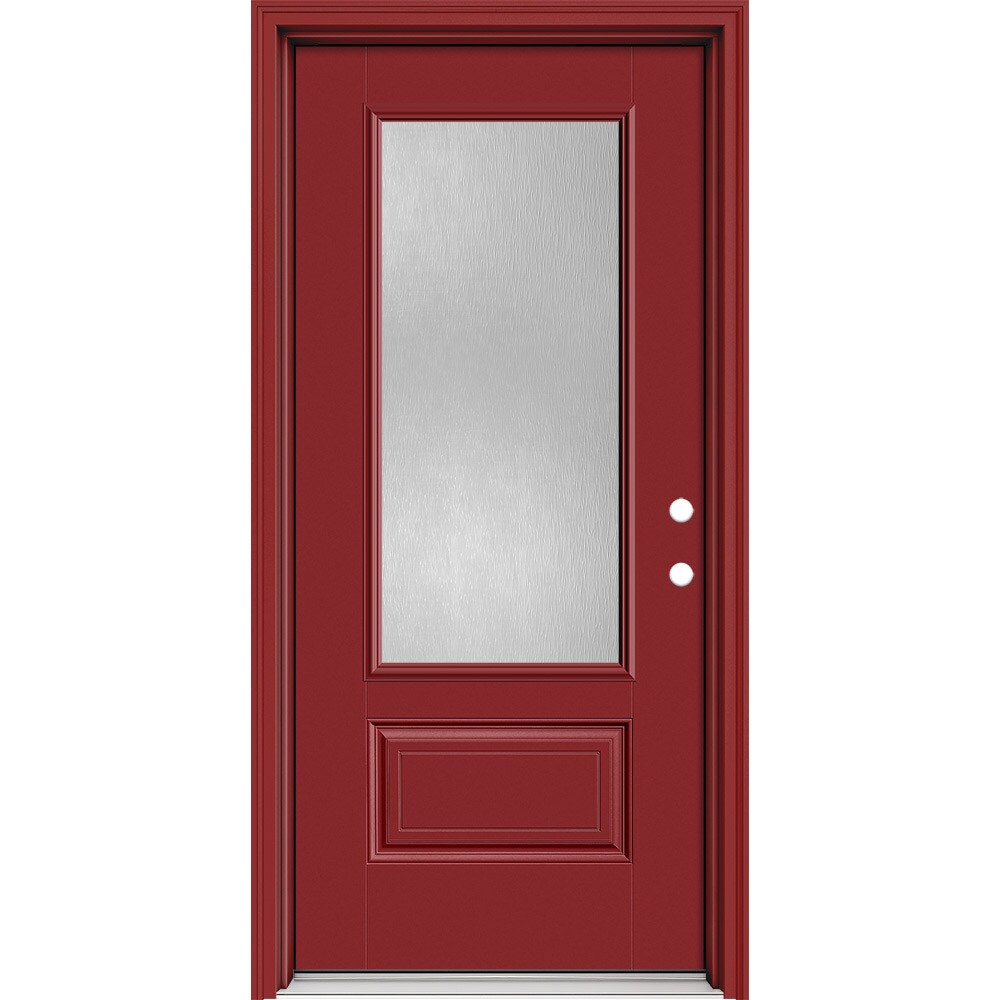 Masonite 630652 Performance Door System 36-in x 80-in x 4-9/16-in Fiberglass 3/4 lite Left-hand inswing Roma Red Painted Prehung Front Door with Brickmould Insulating core