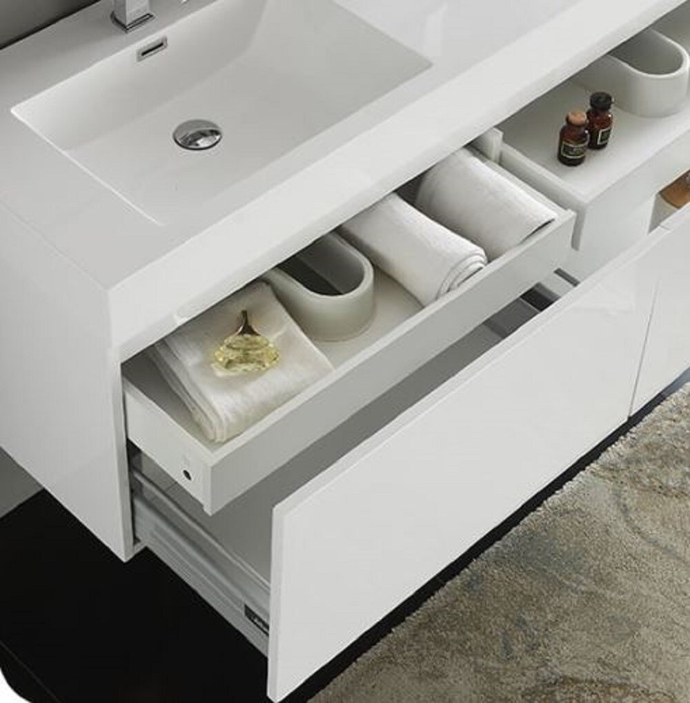Glossy White 59" Wall-Mounted Double Sink Vanity with Acrylic Top