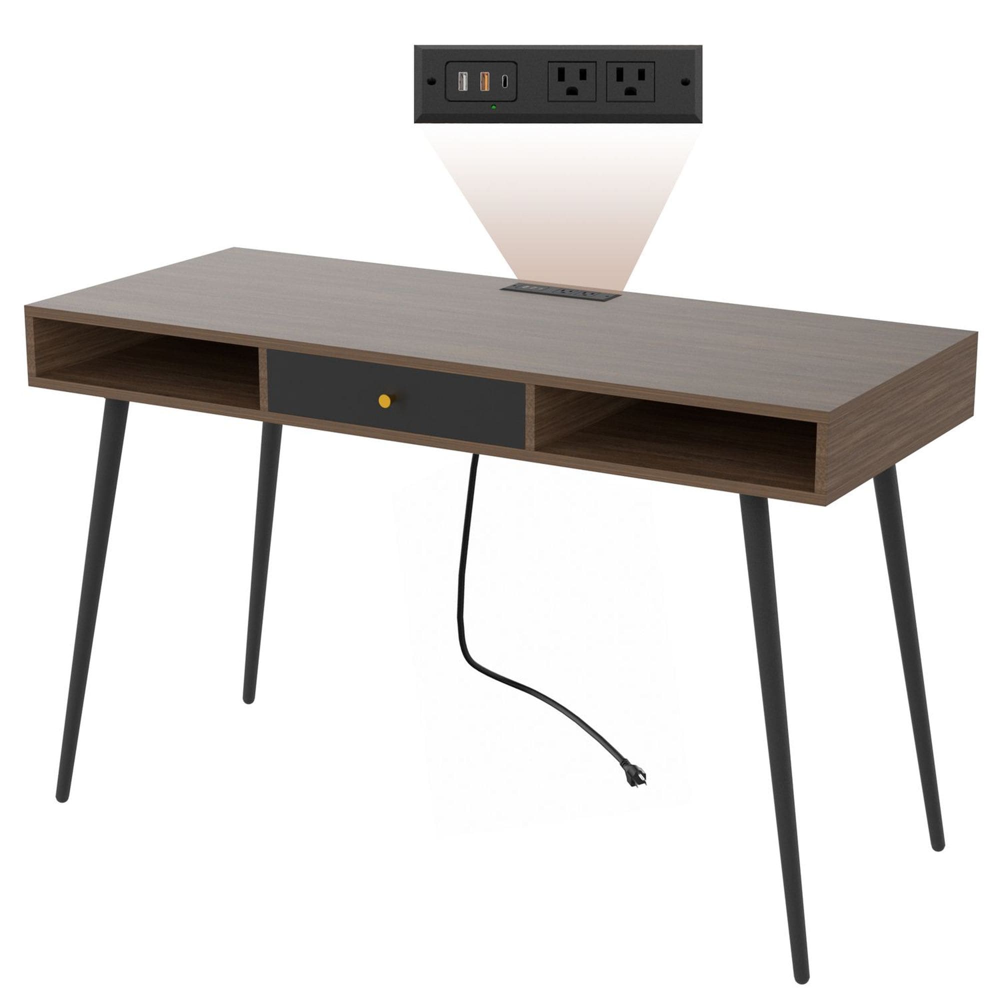 JASMODER W87649727 Mid Century Desk With USB Ports And Power Outlet, Modern Writing Study Desk With Drawers, Multifunctional Home Office Computer Desk Walnut