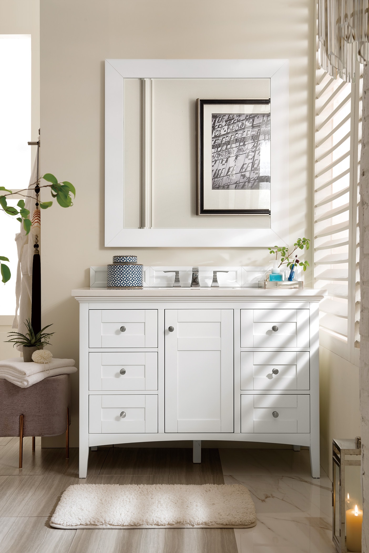 James Martin Vanities 527-V48-BW-3AF Palisades 48-in Bright White Undermount Single Sink Bathroom Vanity with Arctic Fall Solid Surface Top