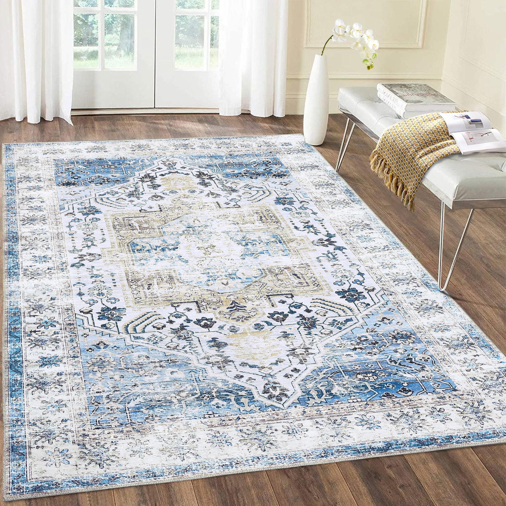 Garvee YXY-LO-PHO-0XT1HYVC 5 x 7 (ft) Polyester Blue Rectangular Indoor Floral/Botanical Vintage Machine washable Area rug