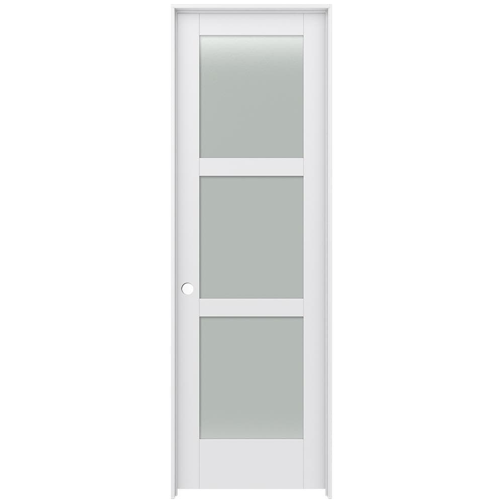 JELD-WEN LOWOLJW221100810 24-in x 96-in Primed Solid core 3-panel square Frosted glass Right hand Smooth Primed MDF Flat Jamb Single Prehung Interior Door