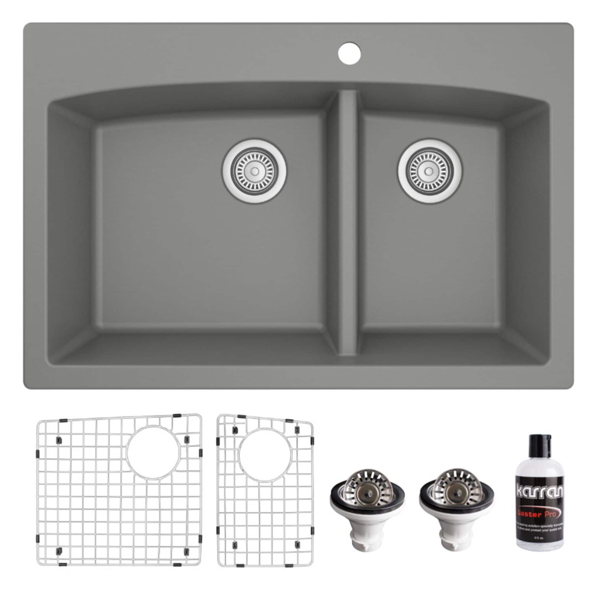 Karran QT-711-GR-PK1 Drop-in 33-in x 22-in Quartz Double offset bowl 1-Hole Kitchen Sink
