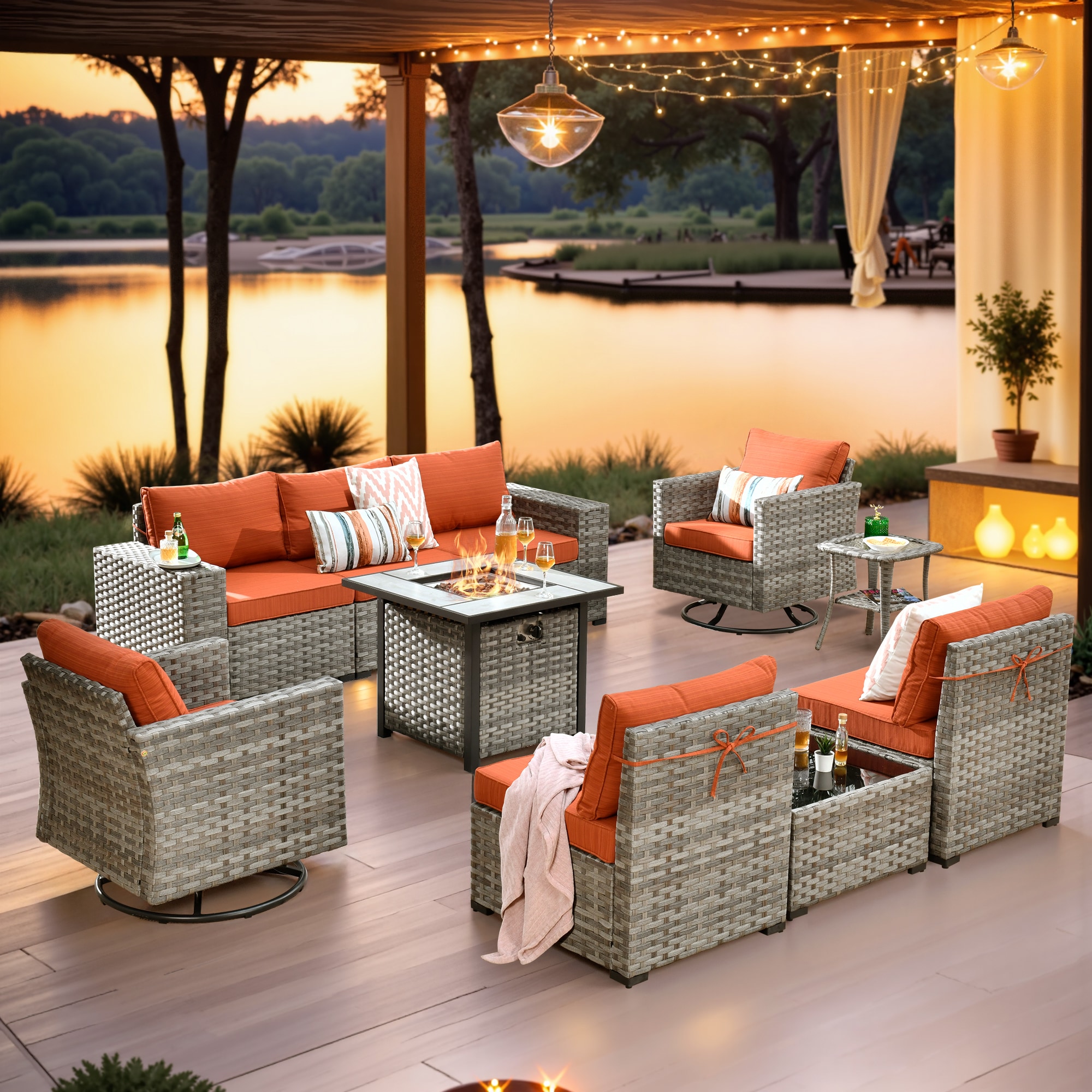 Ovios FPKFS800Y 10 -Piece Wicker Patio Conversation Set with Orange Cushions