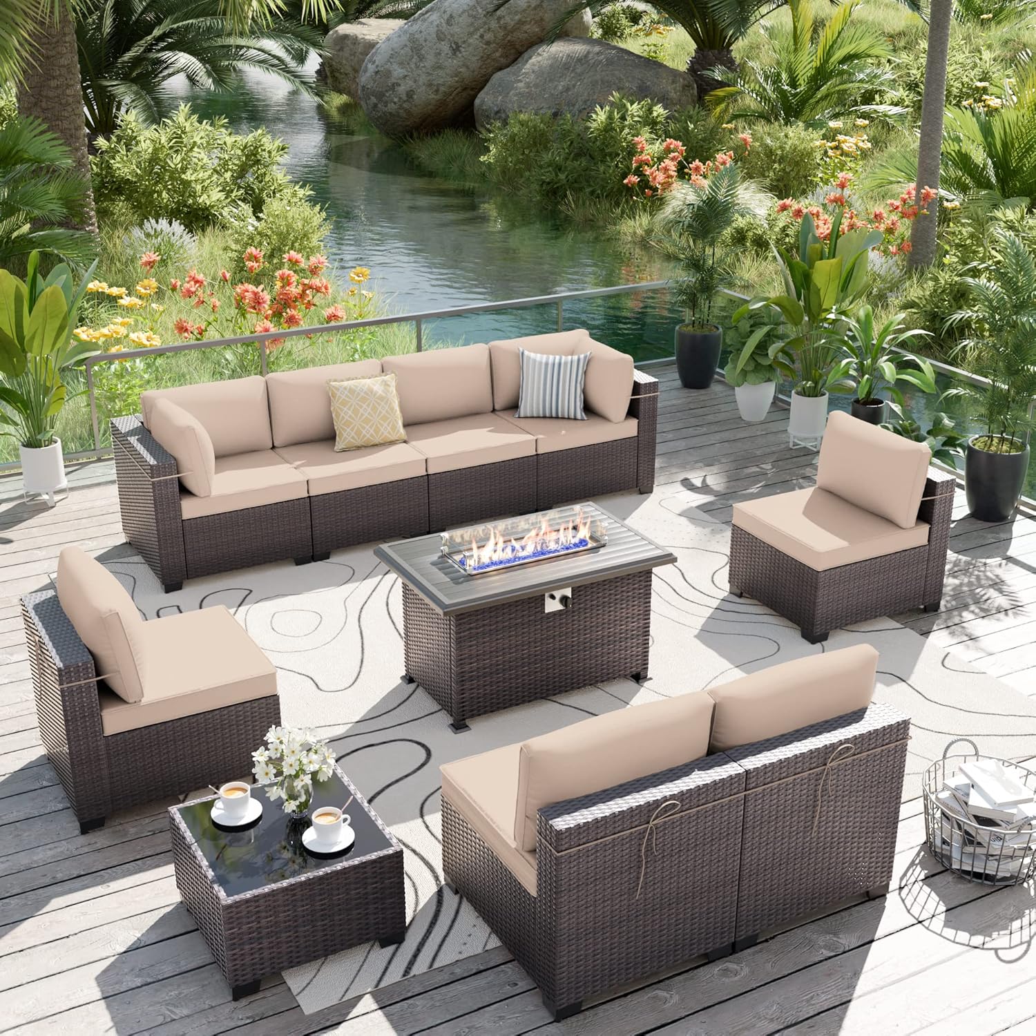 ALAULM LS-A2BC+1-SAND 10-Piece Rattan Patio Conversation Set with Yellow Cushions