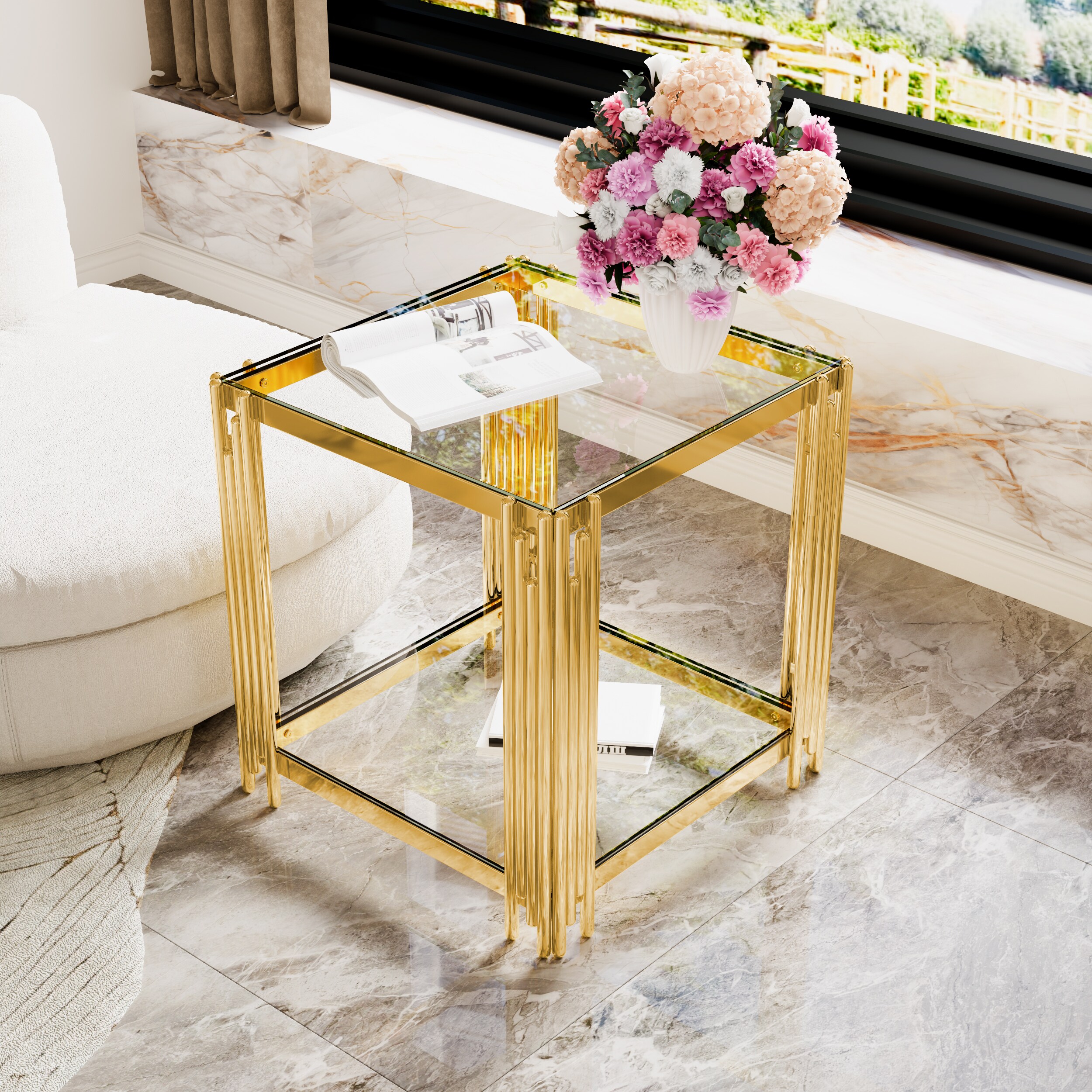KTMBDW 2-Tier Side Table Modern Square End Table with Glass Storage ...