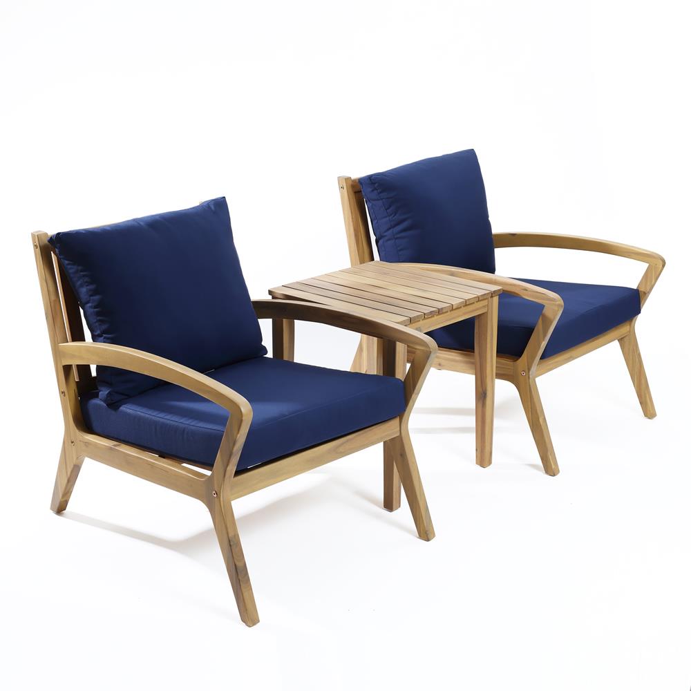 LuxenHome WHOF1906-BL 3-Piece Patio Conversation Set with Blue Cushions