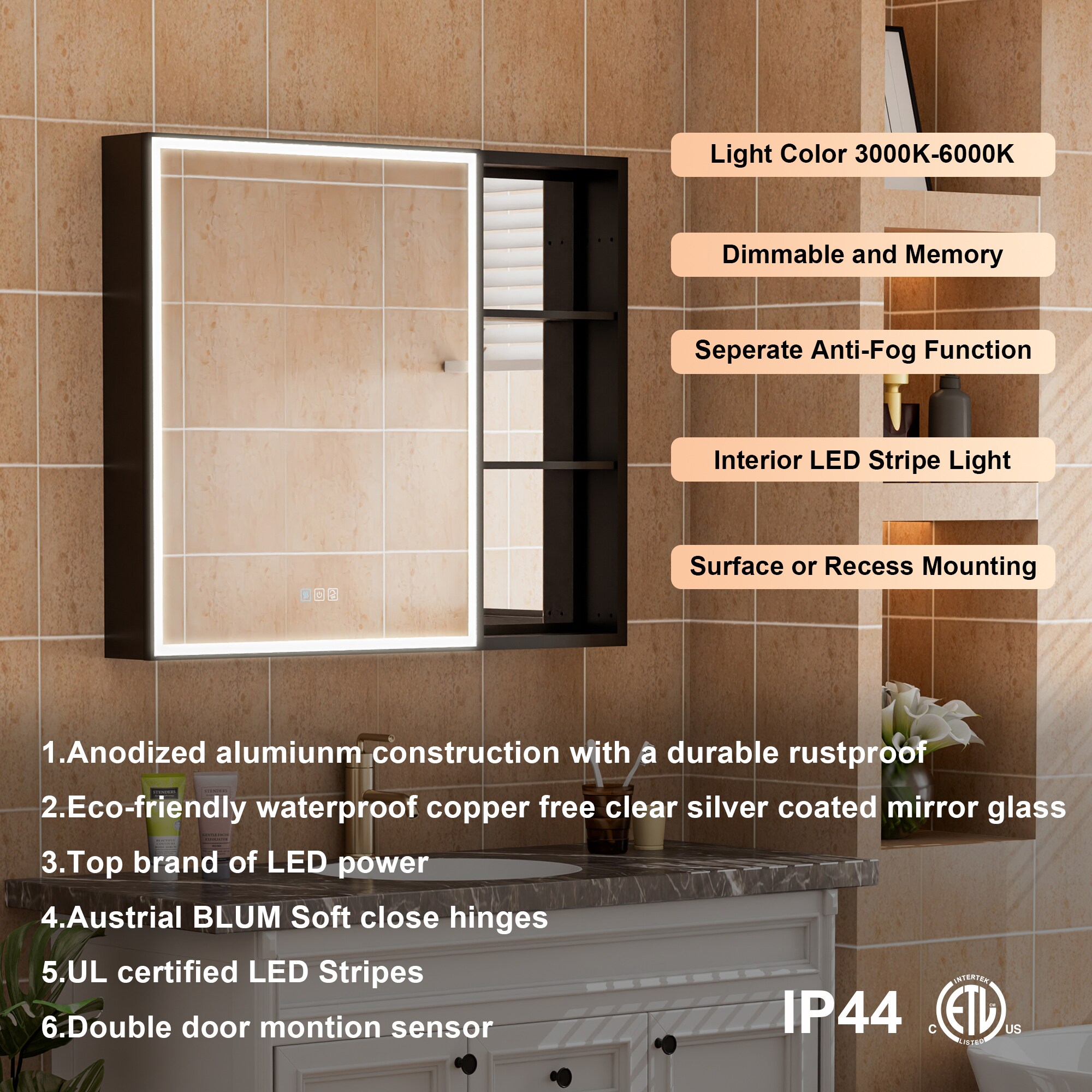WELLFOR 36-in x 30-in Lighted LED Fog Free Surface Mount Aluminum Mirrored Soft Close Medicine Cabinet with Outlet